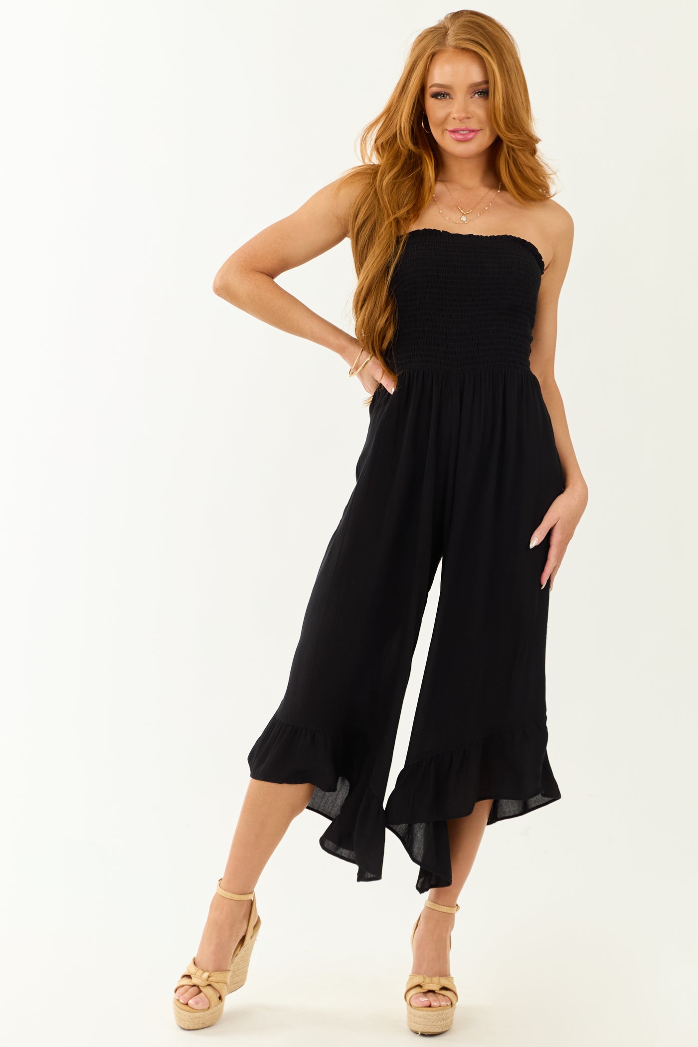 Black Strapless Smocked Wide Leg Jumpsuit