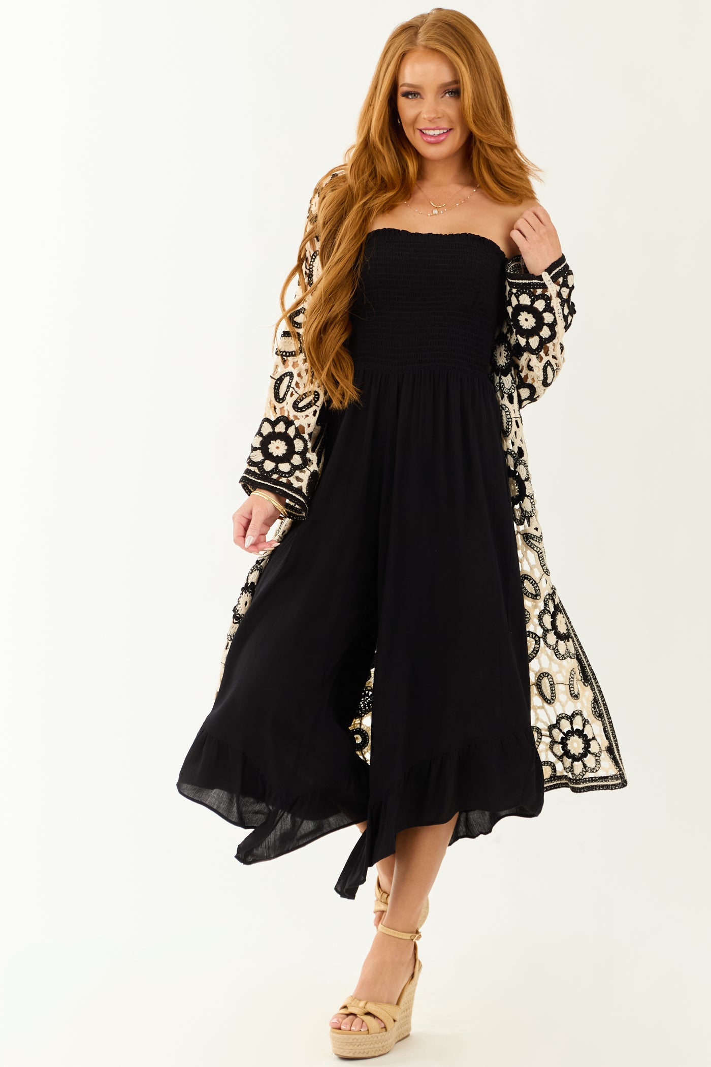 Black Strapless Smocked Wide Leg Jumpsuit