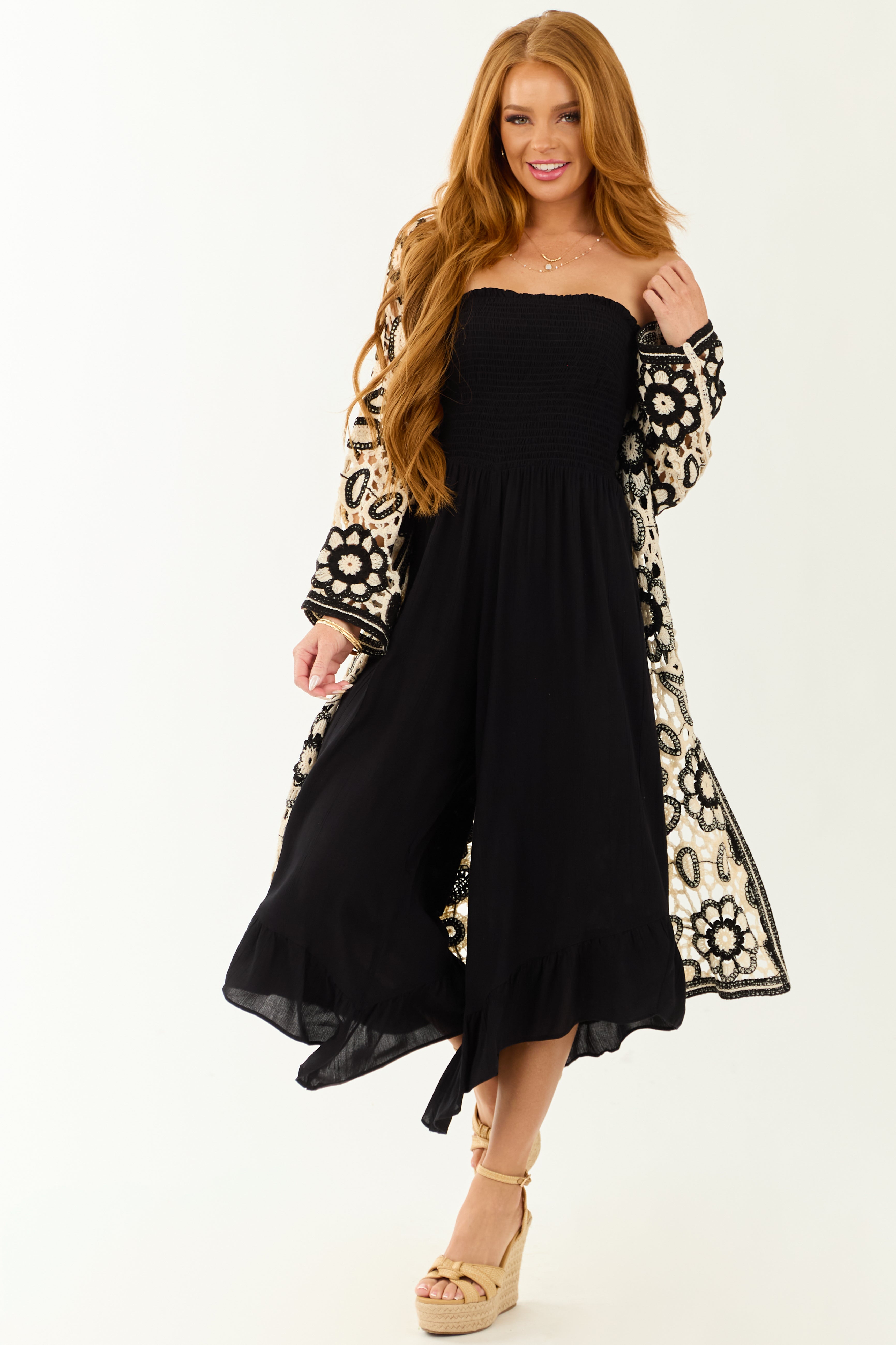 Black Strapless Smocked Wide Leg Jumpsuit