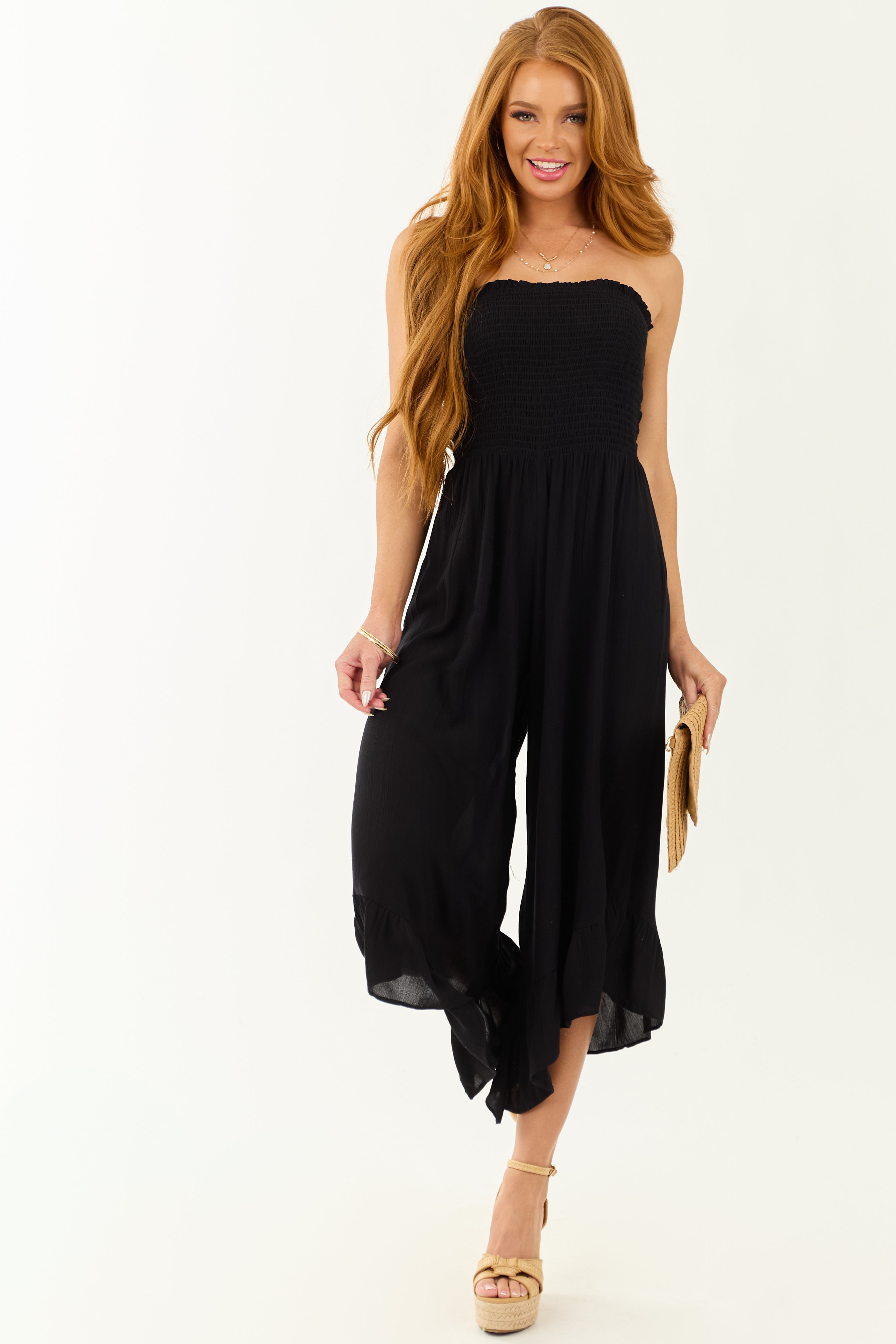 Black Strapless Smocked Wide Leg Jumpsuit
