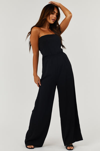 Black Strapless Tie Back Wide Leg Jumpsuit
