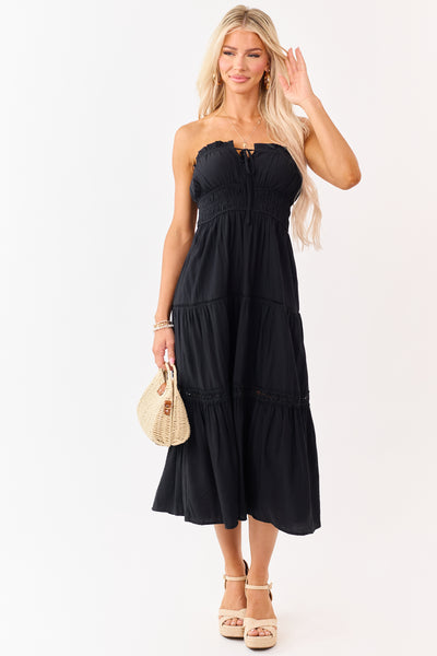 Black Strapless Tiered Lace Shirred Waist Midi Dress