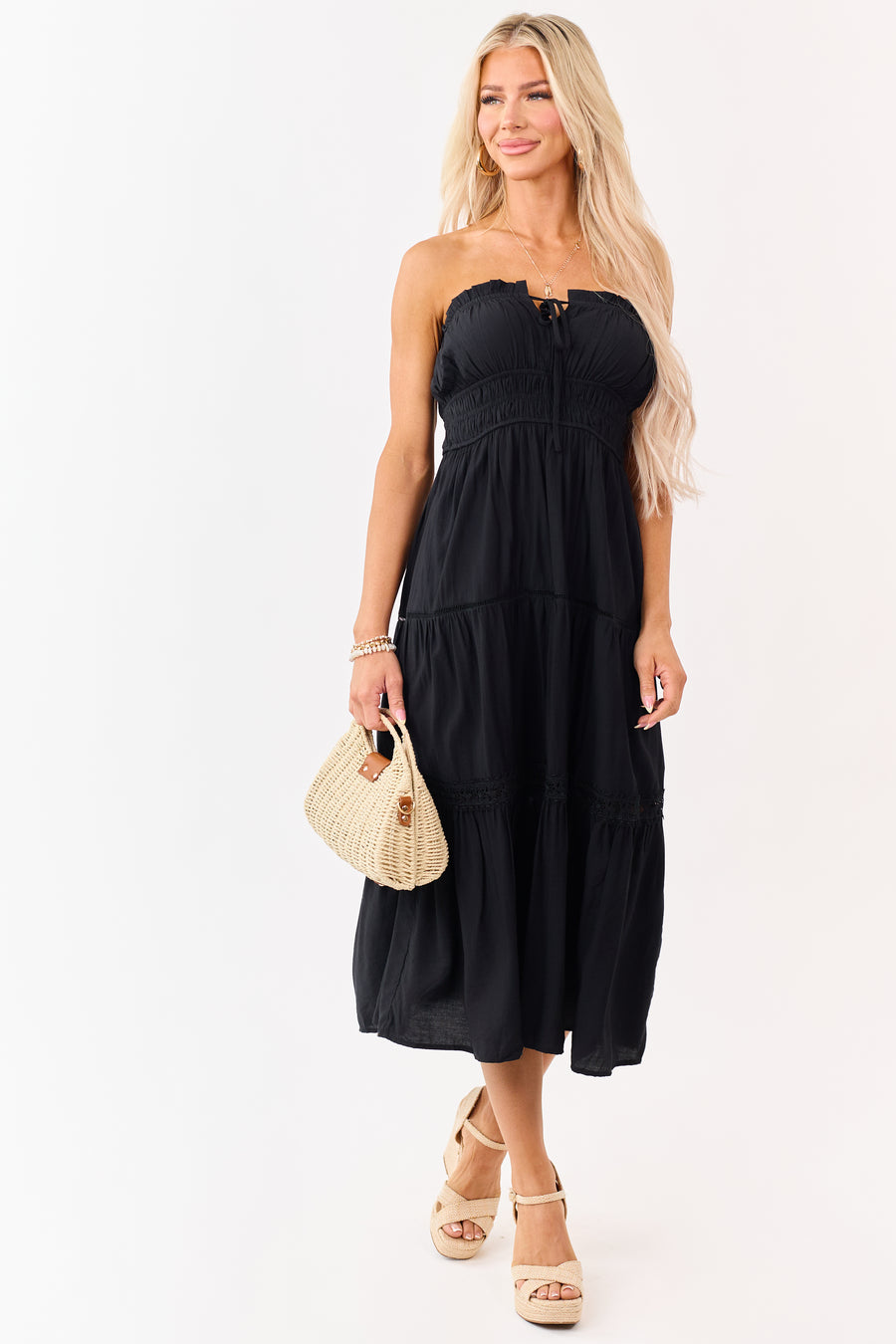 Black Strapless Tiered Lace Shirred Waist Midi Dress
