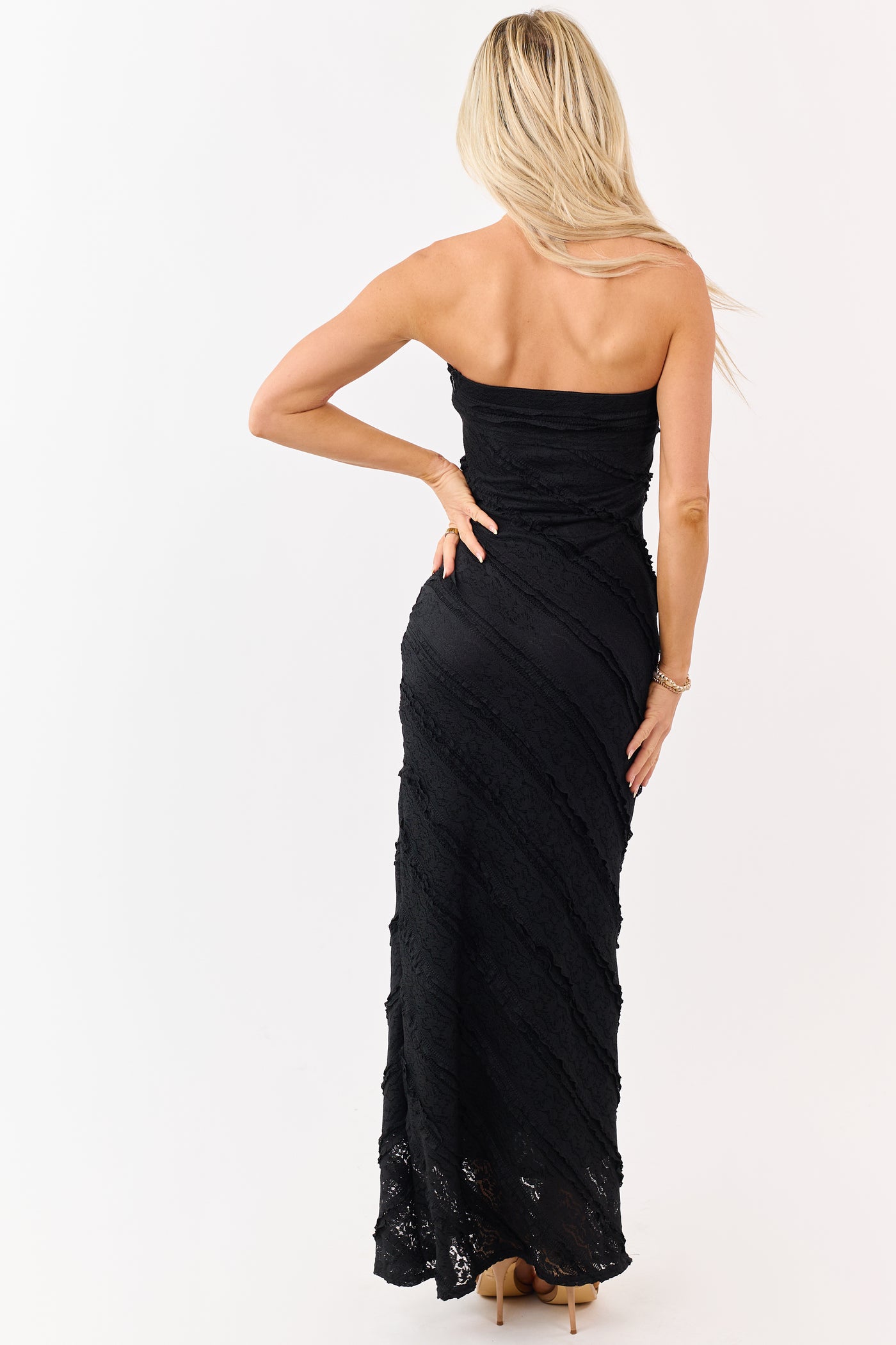 Black Strapless Tiered Ruffle Lace Maxi Dress