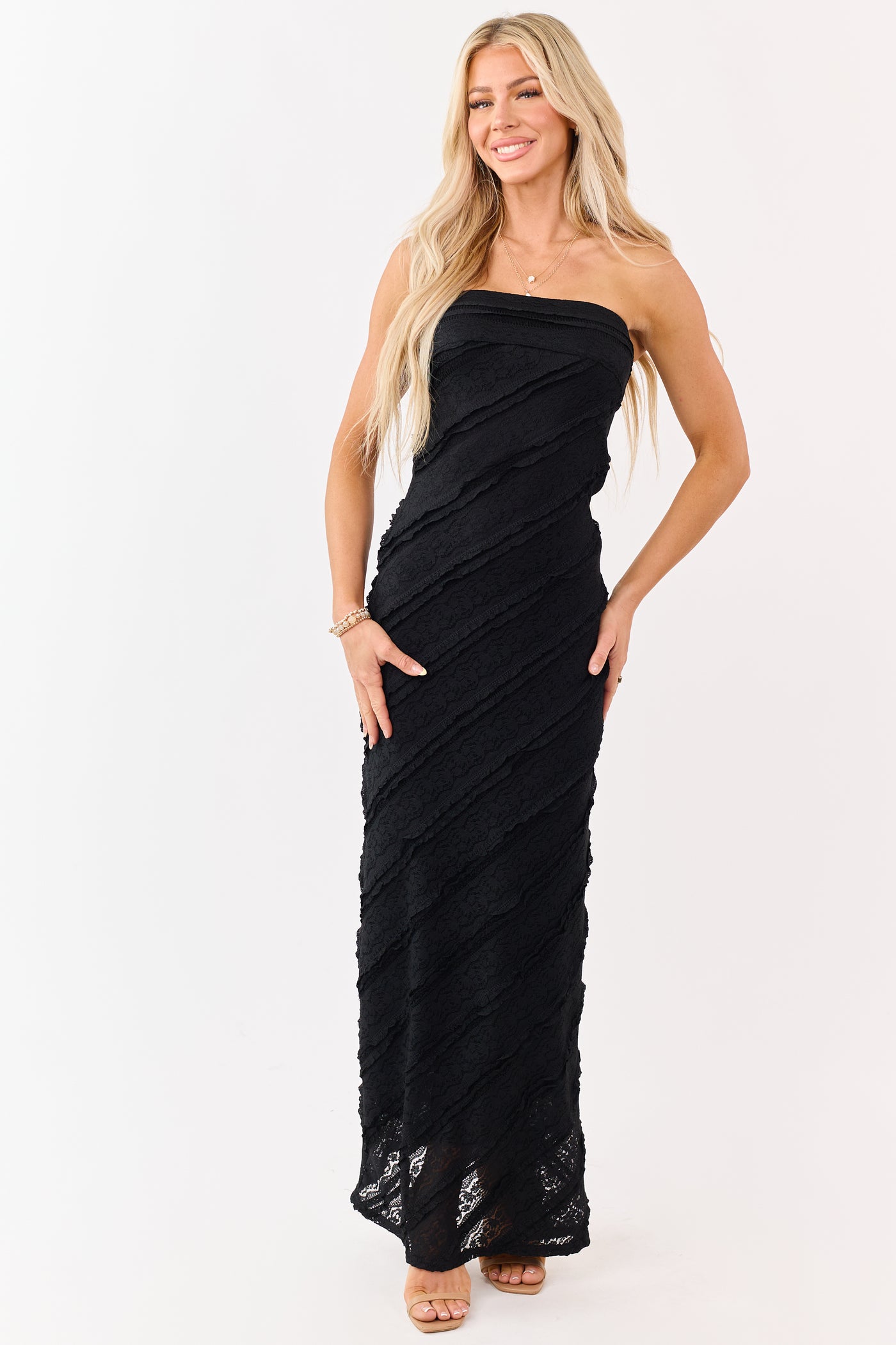 Black Strapless Tiered Ruffle Lace Maxi Dress