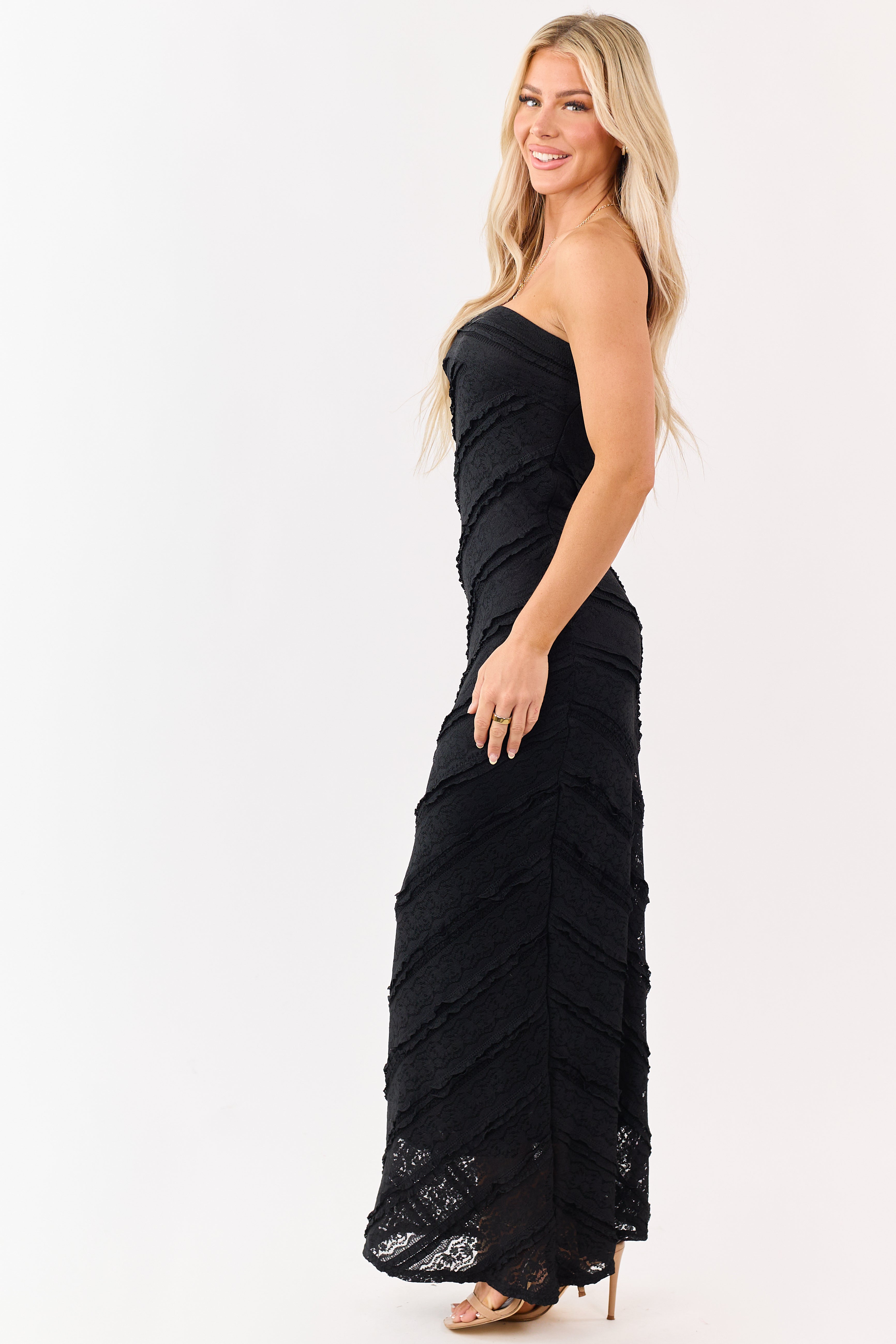Black Strapless Tiered Ruffle Lace Maxi Dress