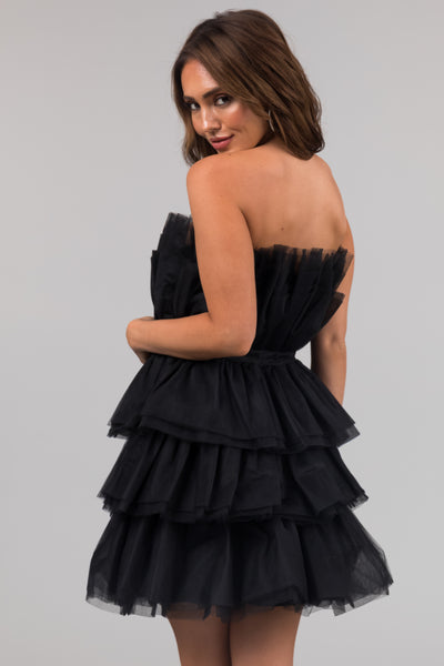 Black Strapless Tulle Tiered Mini Dress