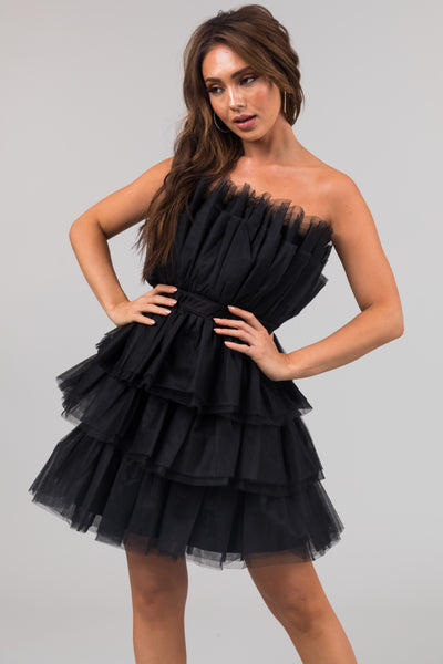 Black Strapless Tulle Tiered Mini Dress