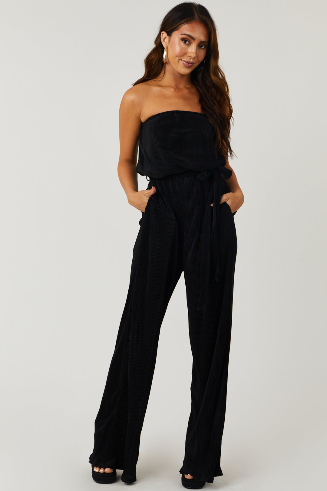 She+Sky Black Strapless Wide Leg Plisse Jumpsuit & Lime Lush