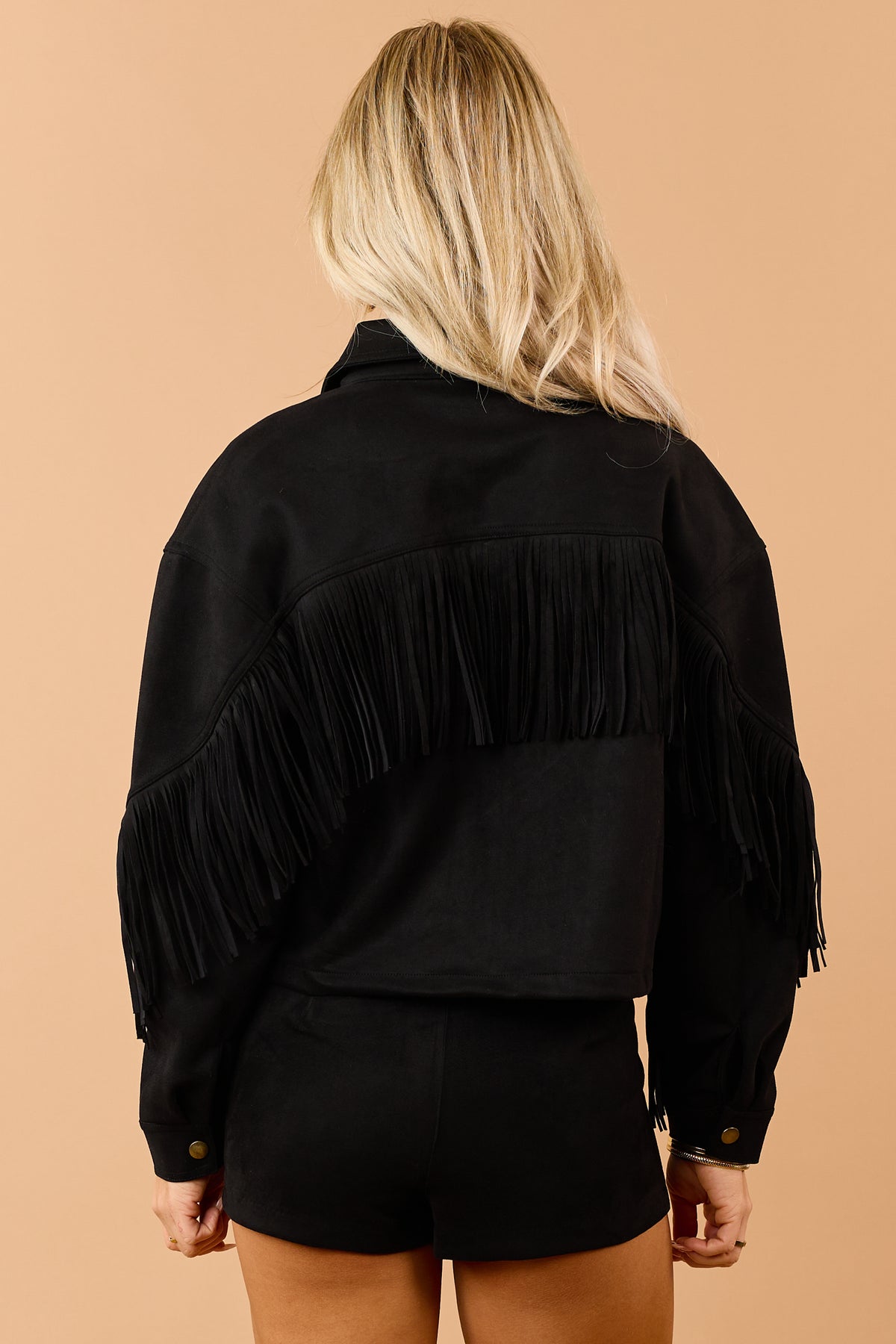 Black Stretchy Faux Suede Fringe Detail Jacket