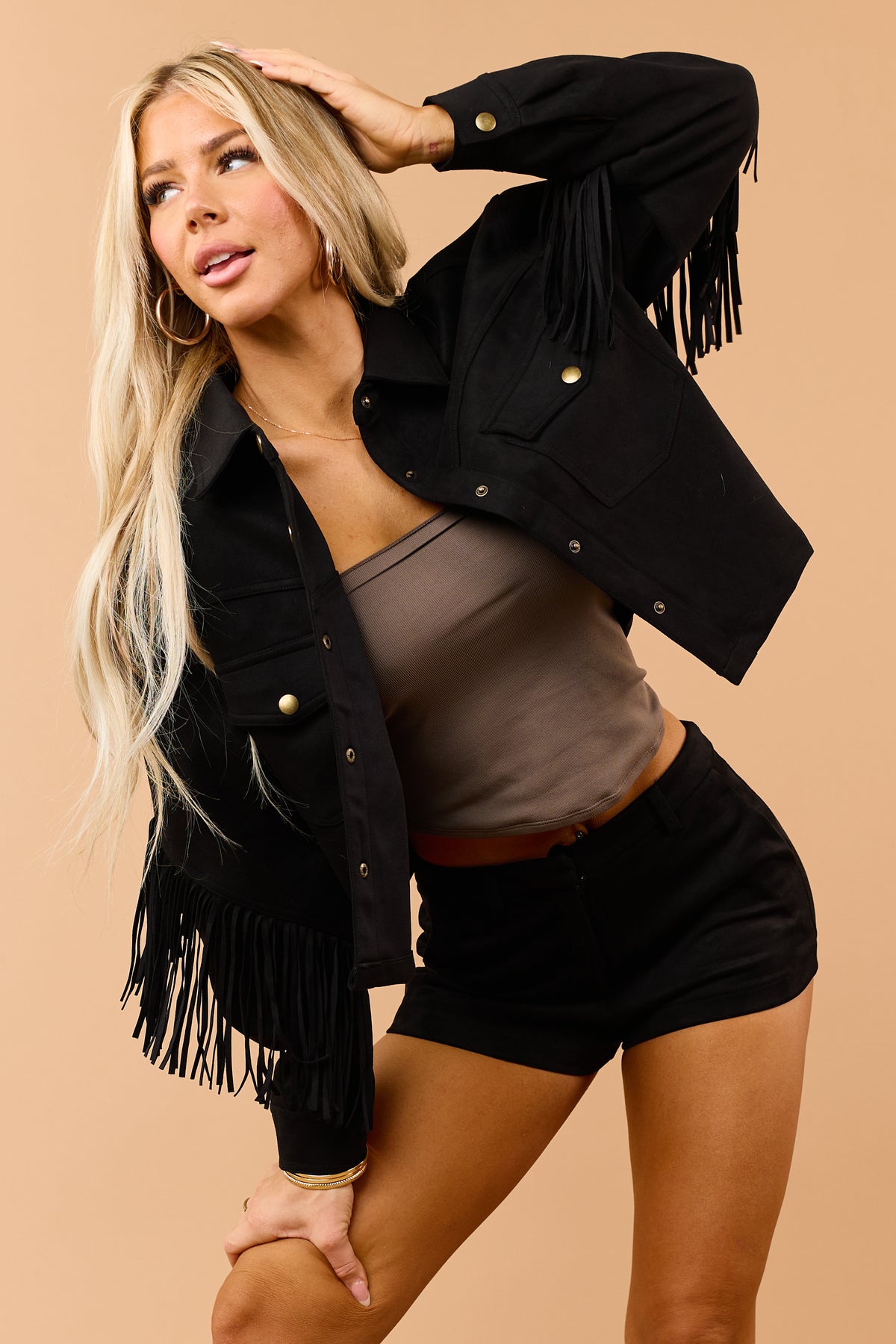 Black Stretchy Faux Suede Fringe Detail Jacket