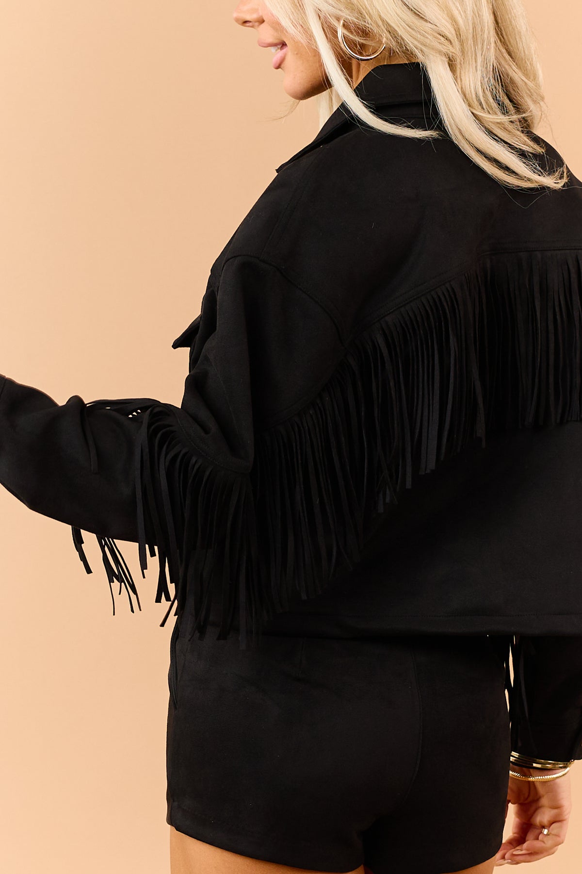 Black Stretchy Faux Suede Fringe Detail Jacket
