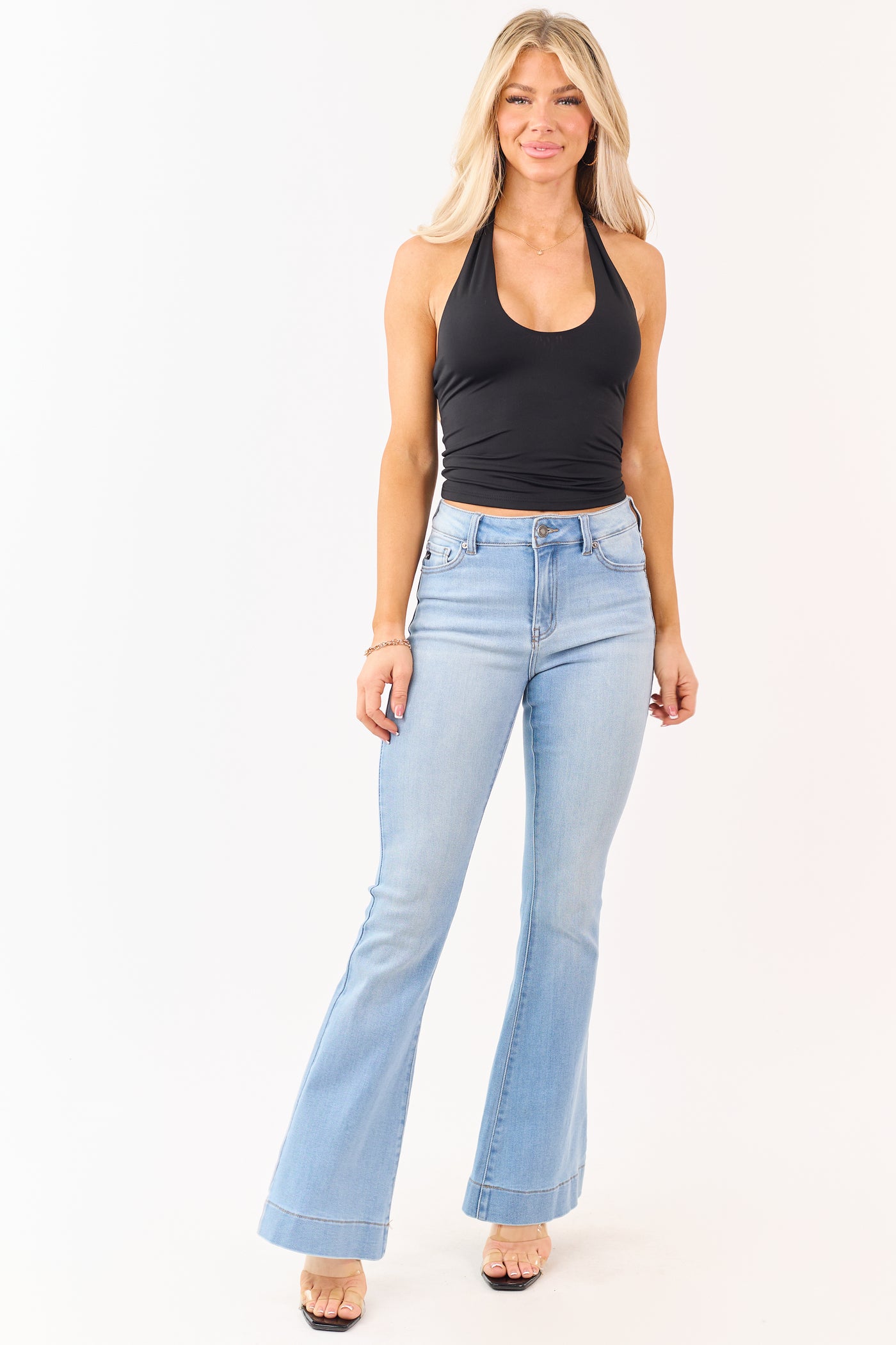 Black Stretchy Knit Cropped Halter Top