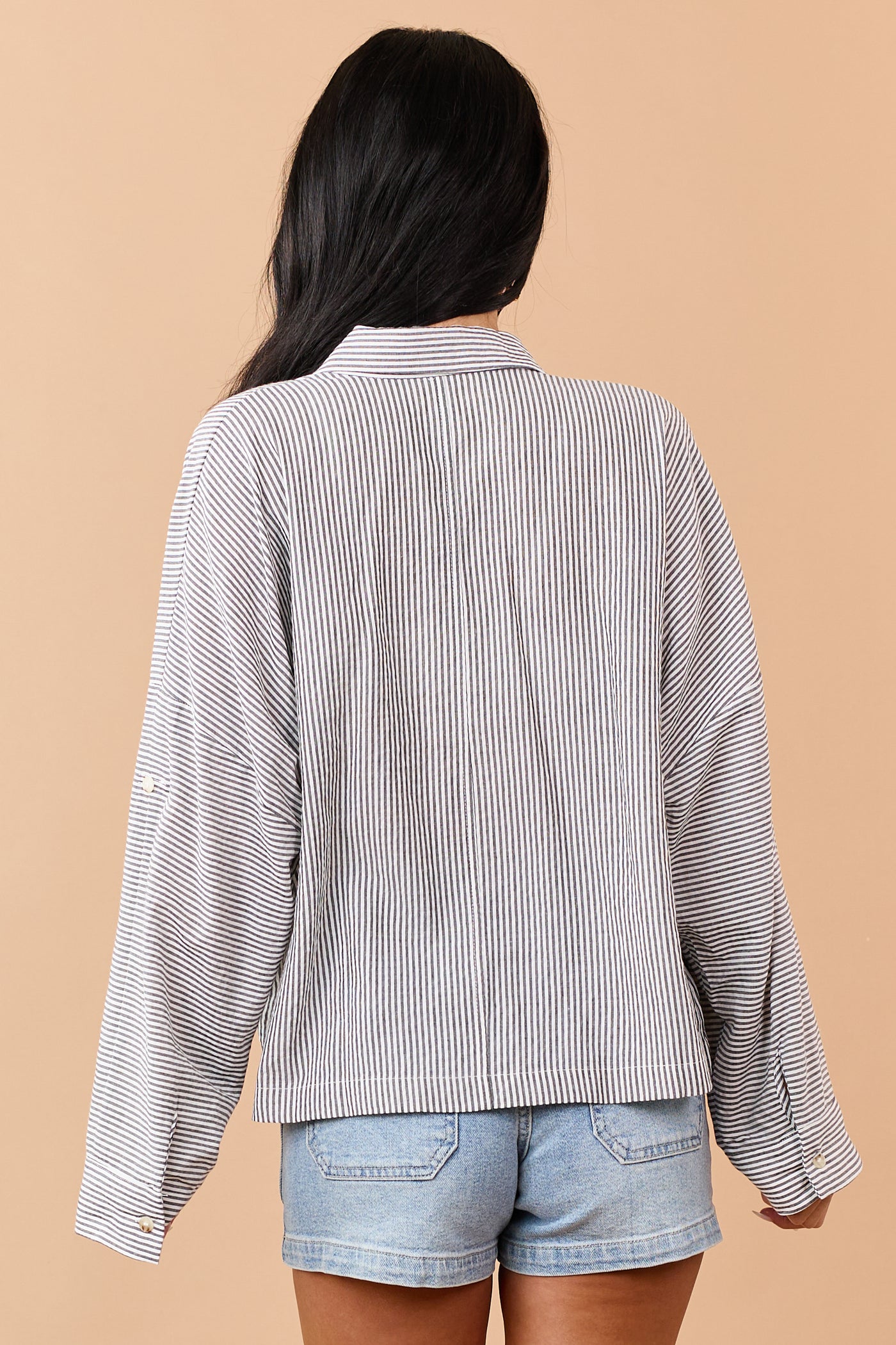 Black Striped Button Down Long Sleeve Top