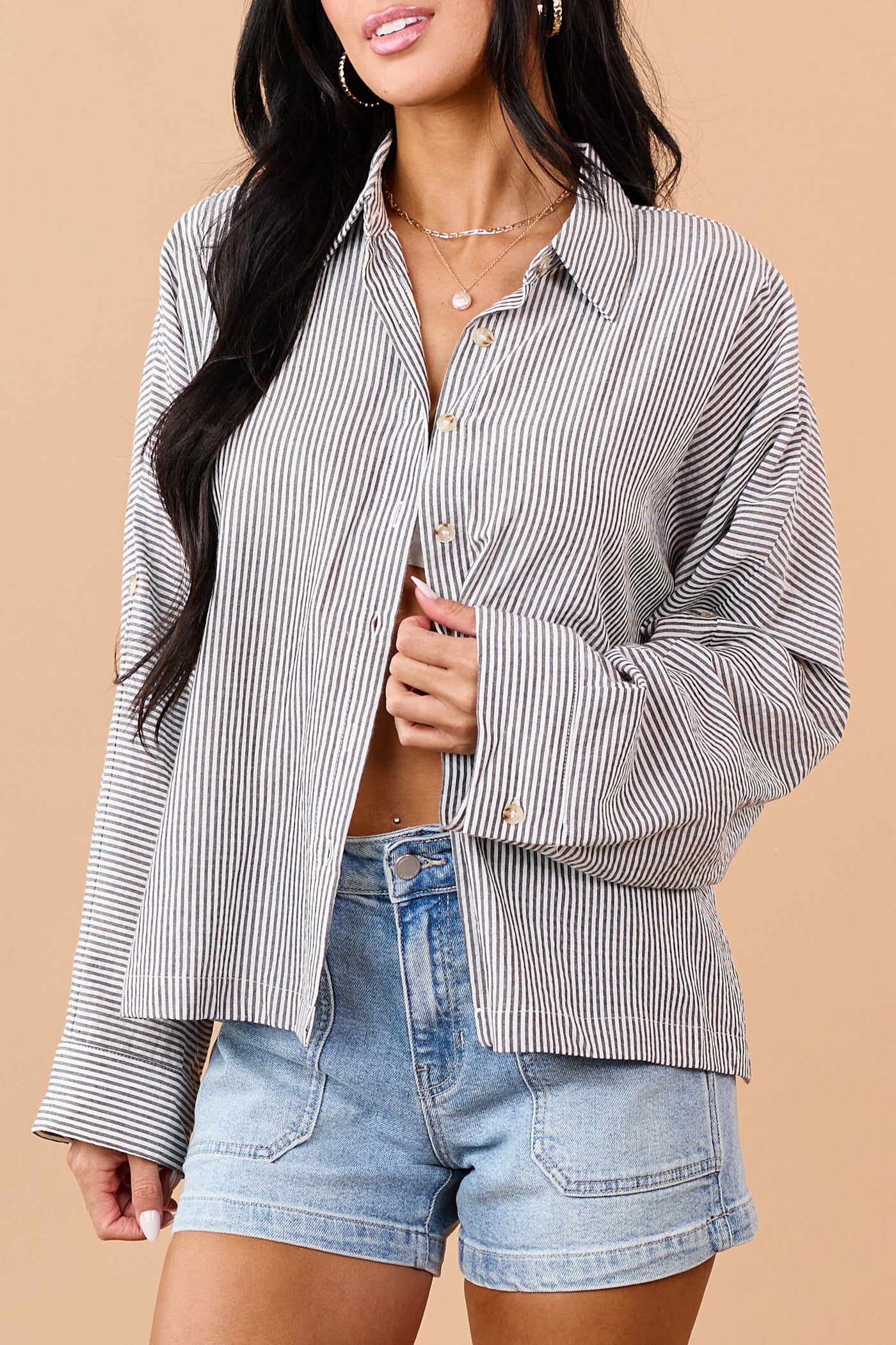 Black Striped Button Down Long Sleeve Top