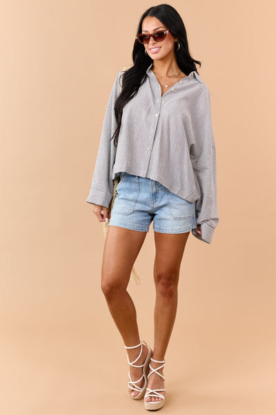 Black Striped Button Down Long Sleeve Top
