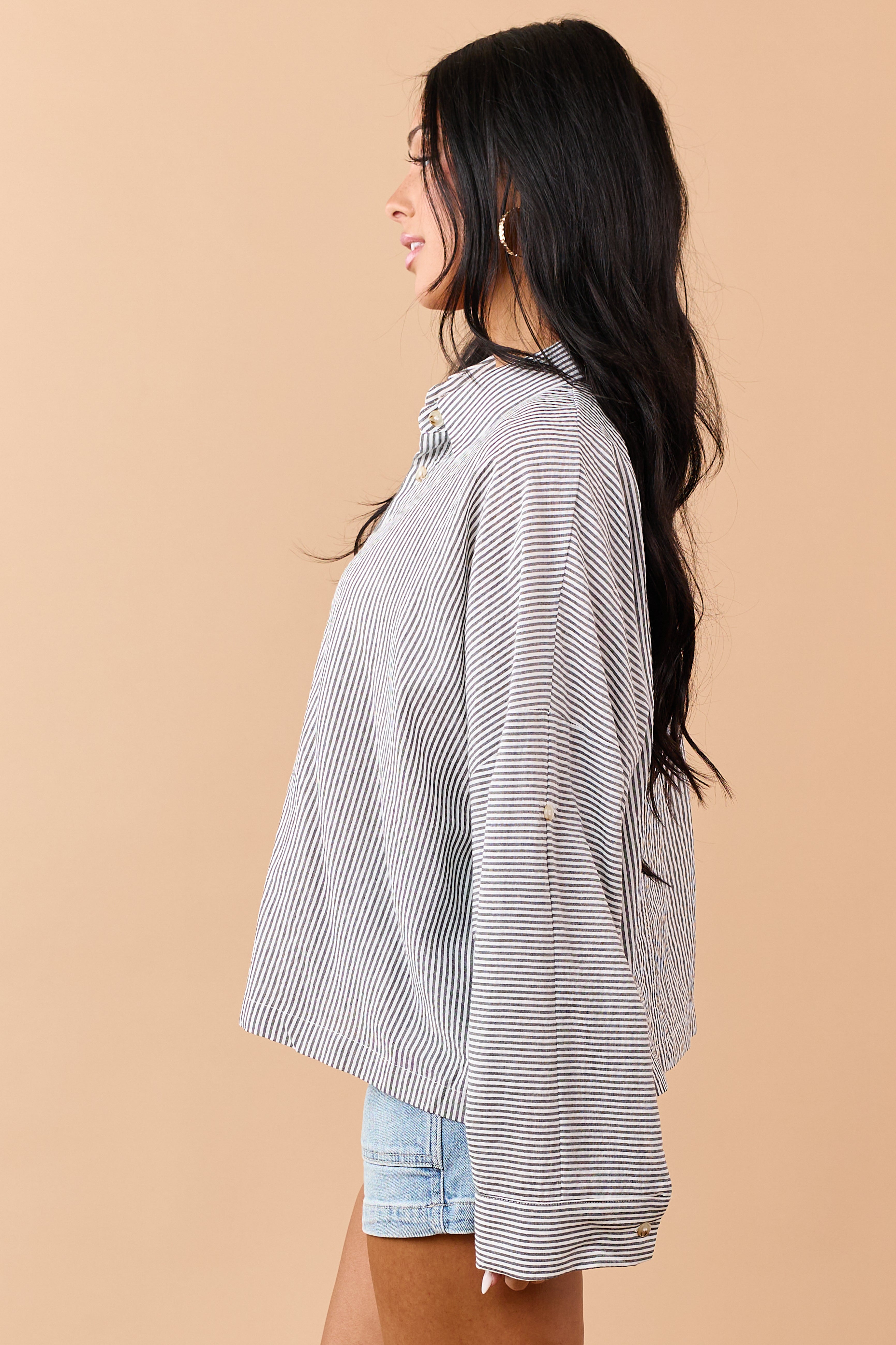 Black Striped Button Down Long Sleeve Top
