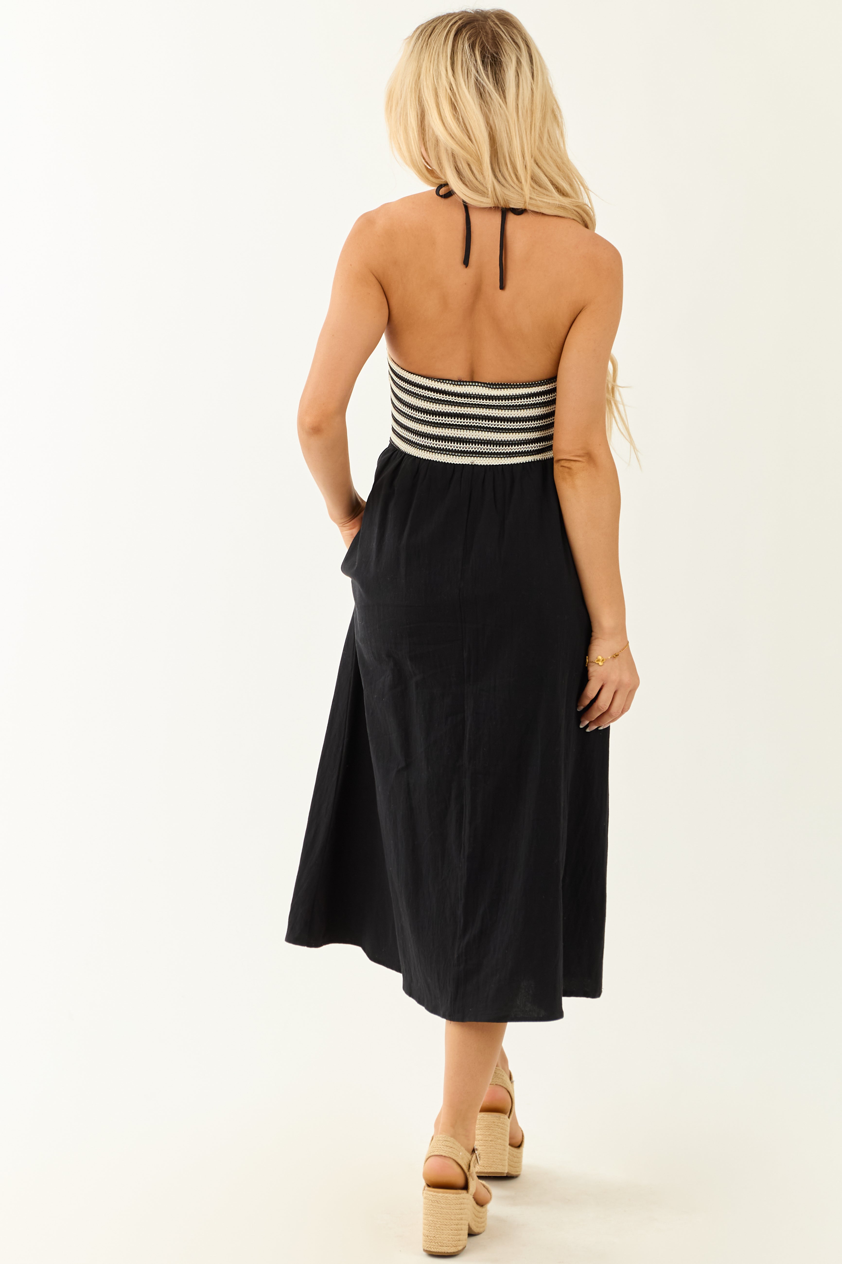Black Striped Crochet Bodice Halter Neck Midi Dress