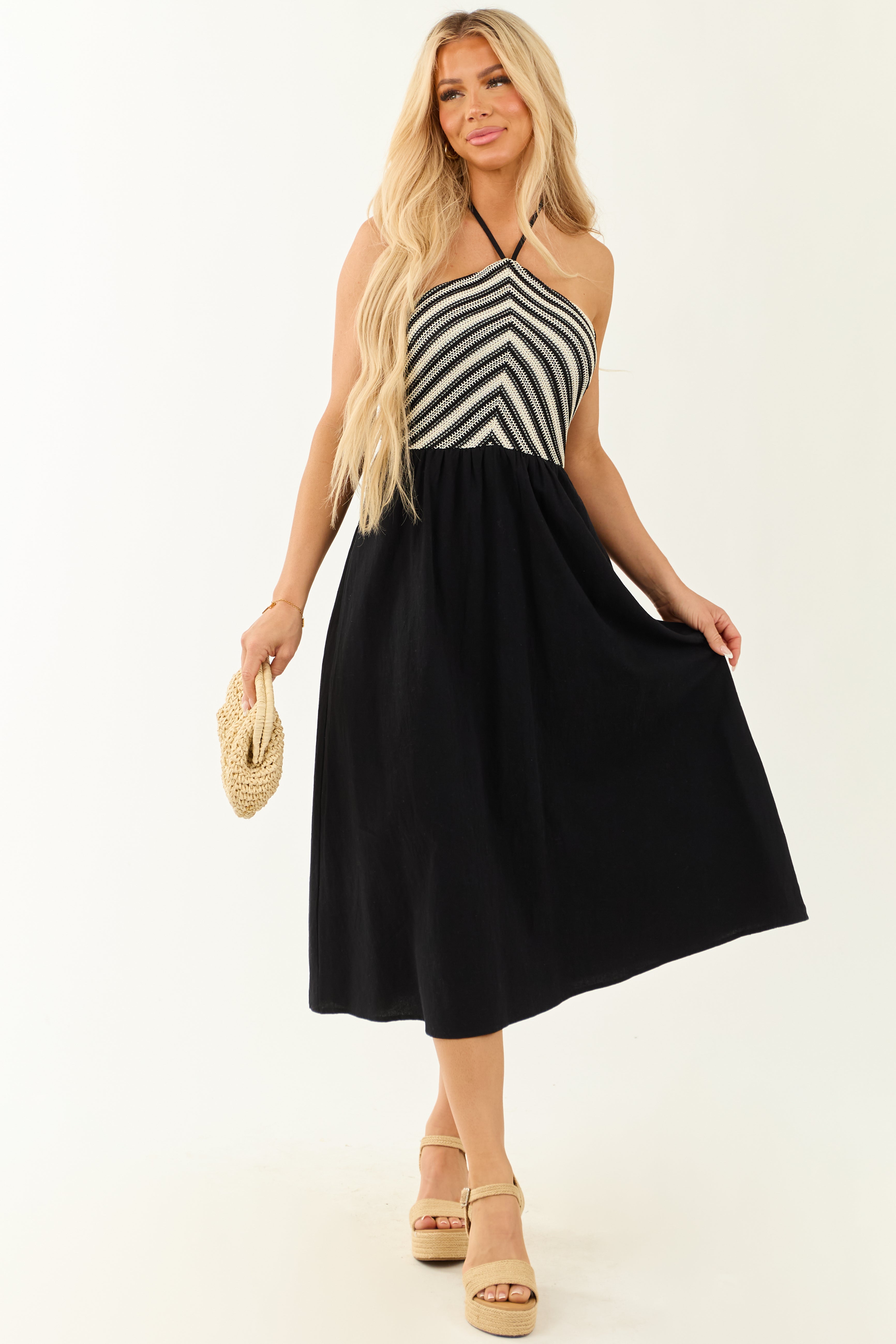 Black Striped Crochet Bodice Halter Neck Midi Dress