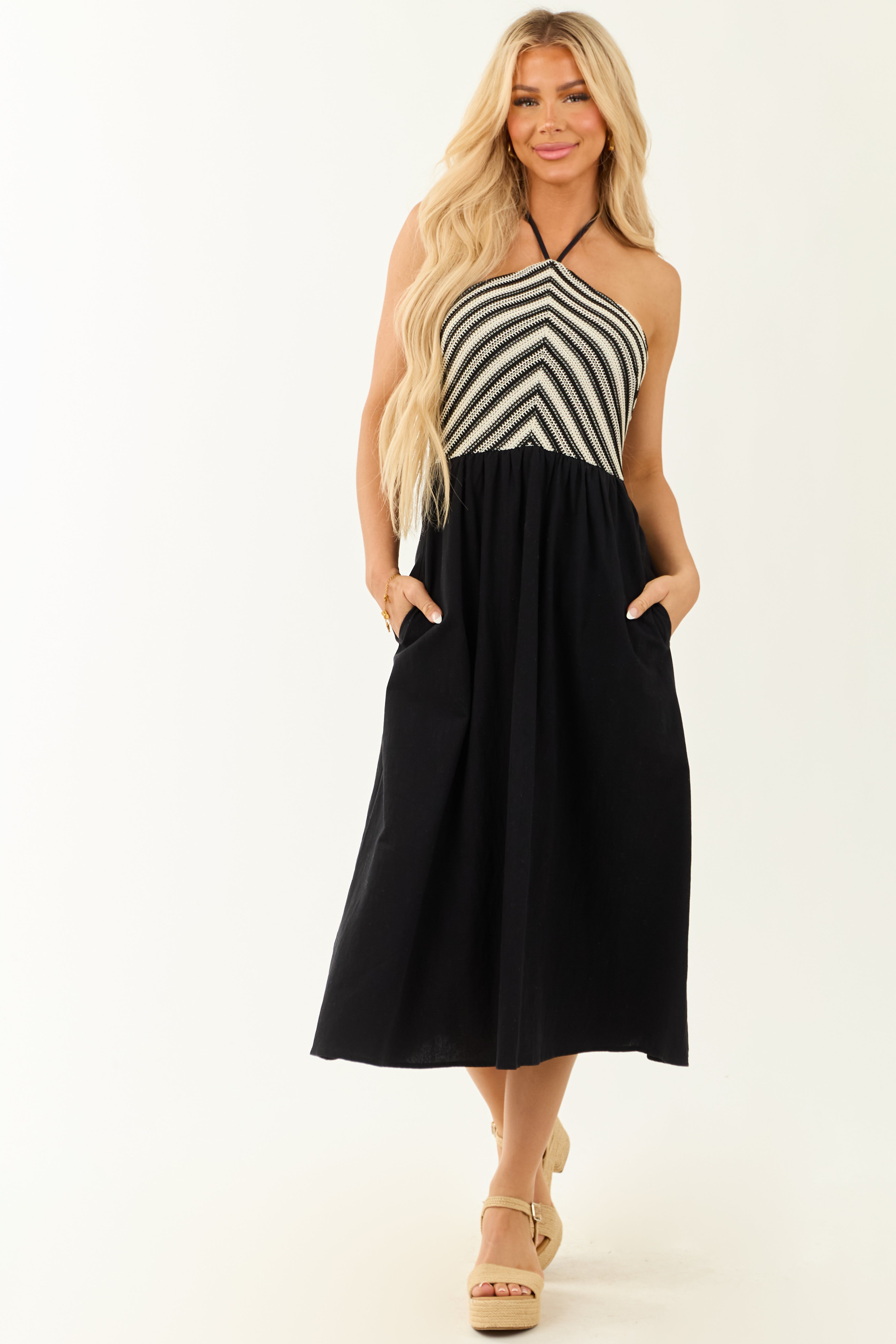 Black Striped Crochet Bodice Halter Neck Midi Dress Black Striped Crochet Bodice Halter Neck Midi Dress
