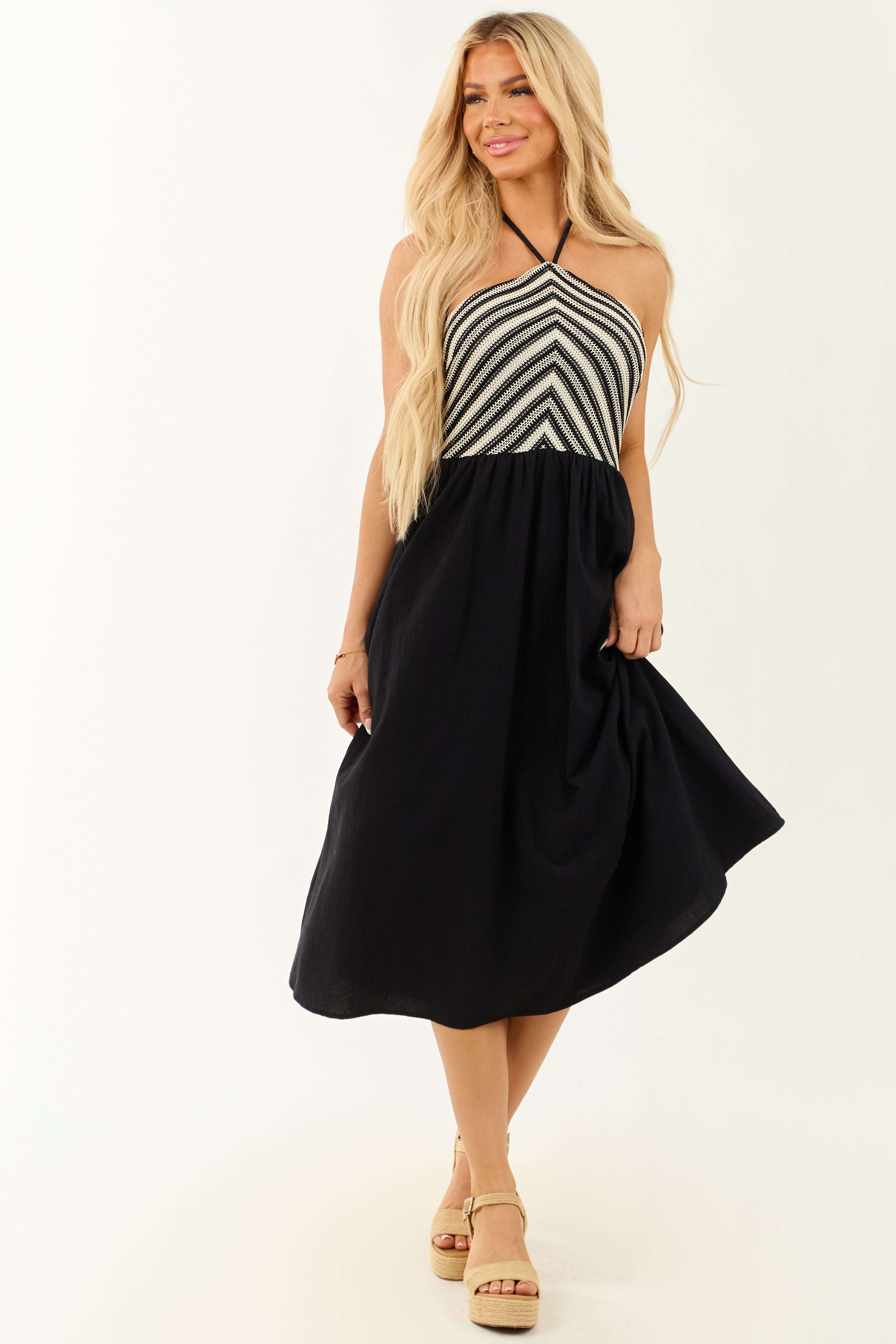 Black Striped Crochet Bodice Halter Neck Midi Dress | Lime Lush Boutique Black Striped Crochet Bodice Halter Neck Midi Dress | Lime Lush Boutique