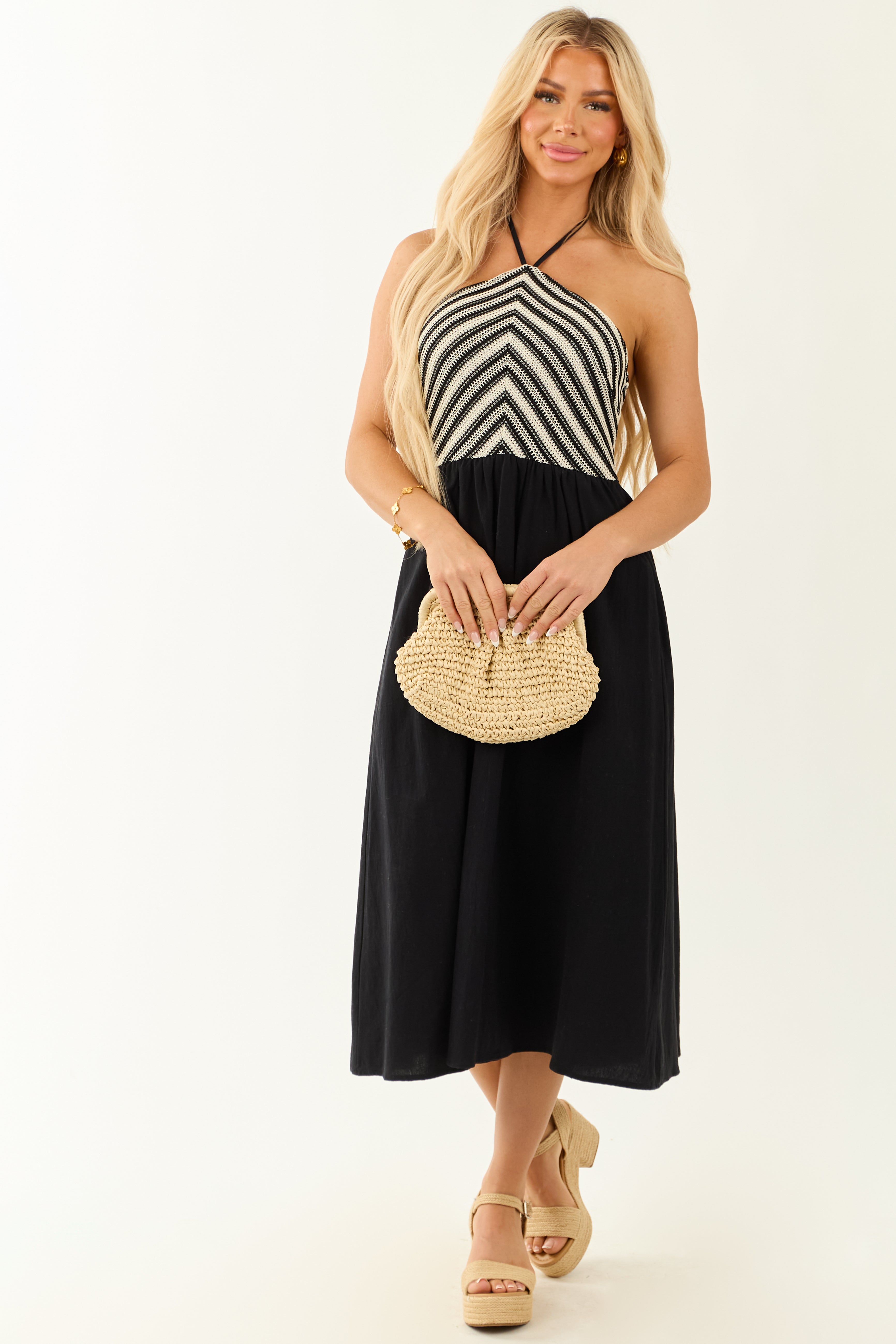 Black Striped Crochet Bodice Halter Neck Midi Dress