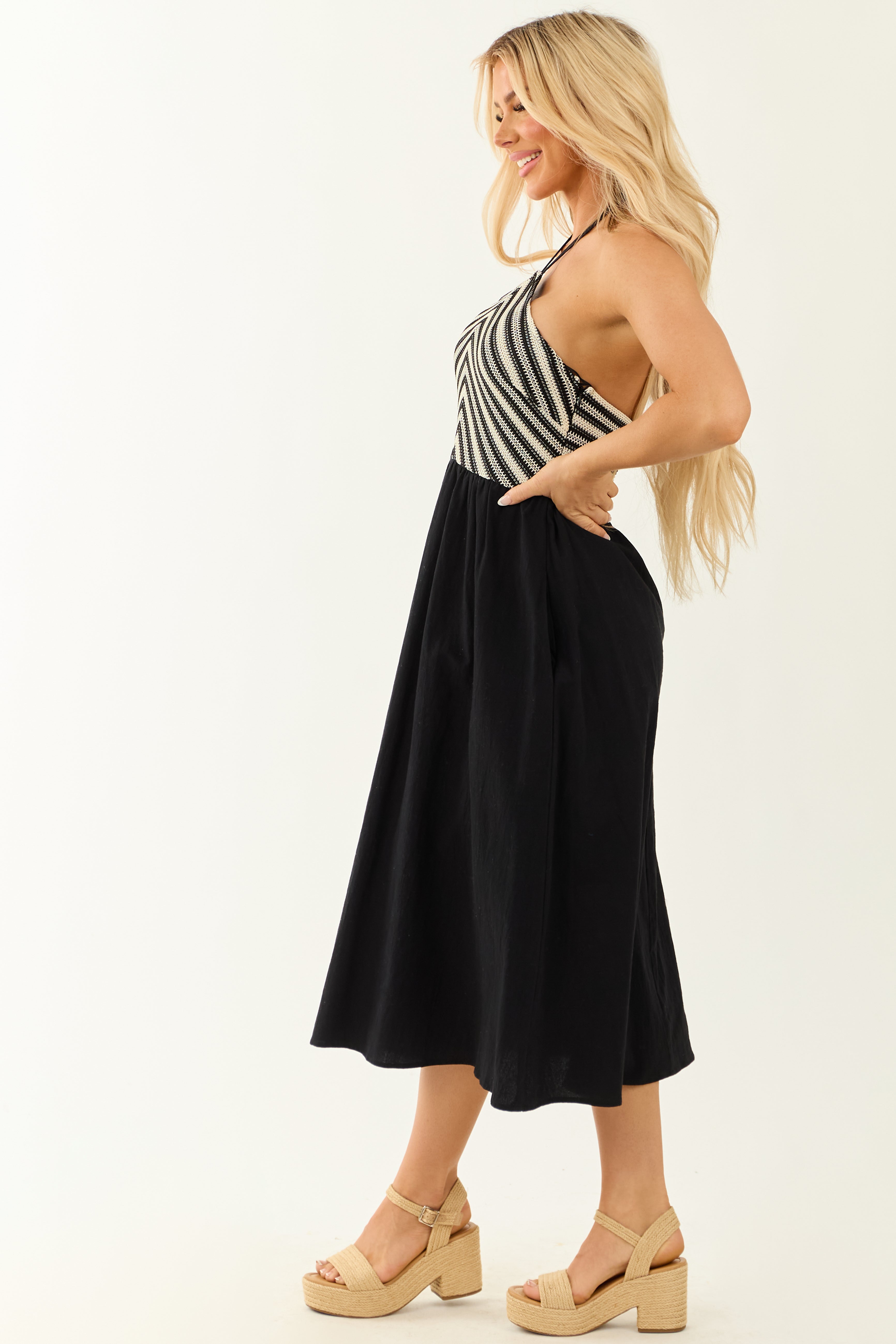 Black Striped Crochet Bodice Halter Neck Midi Dress