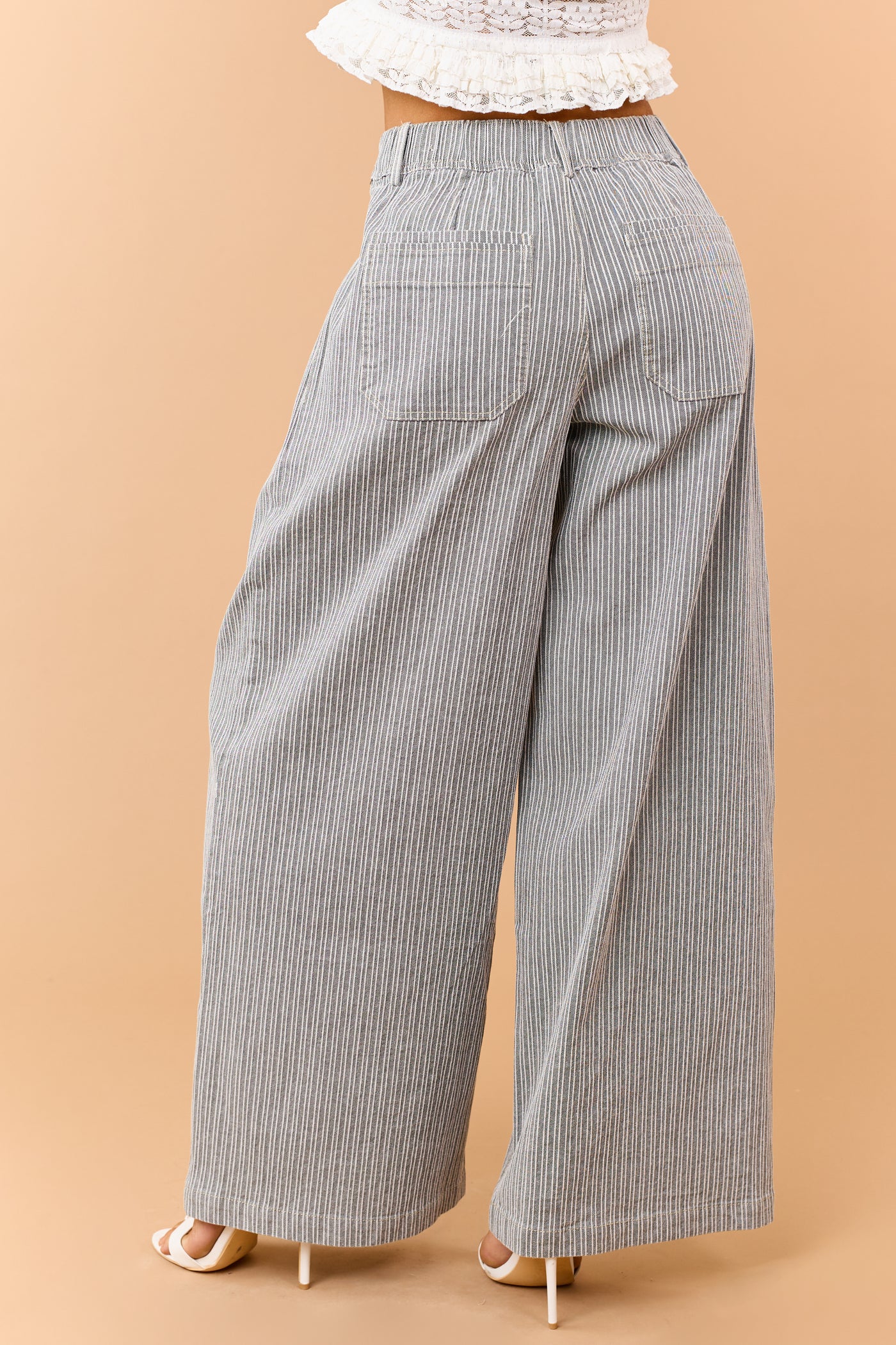 Black Striped Elastic Waistband Wide Leg Pants