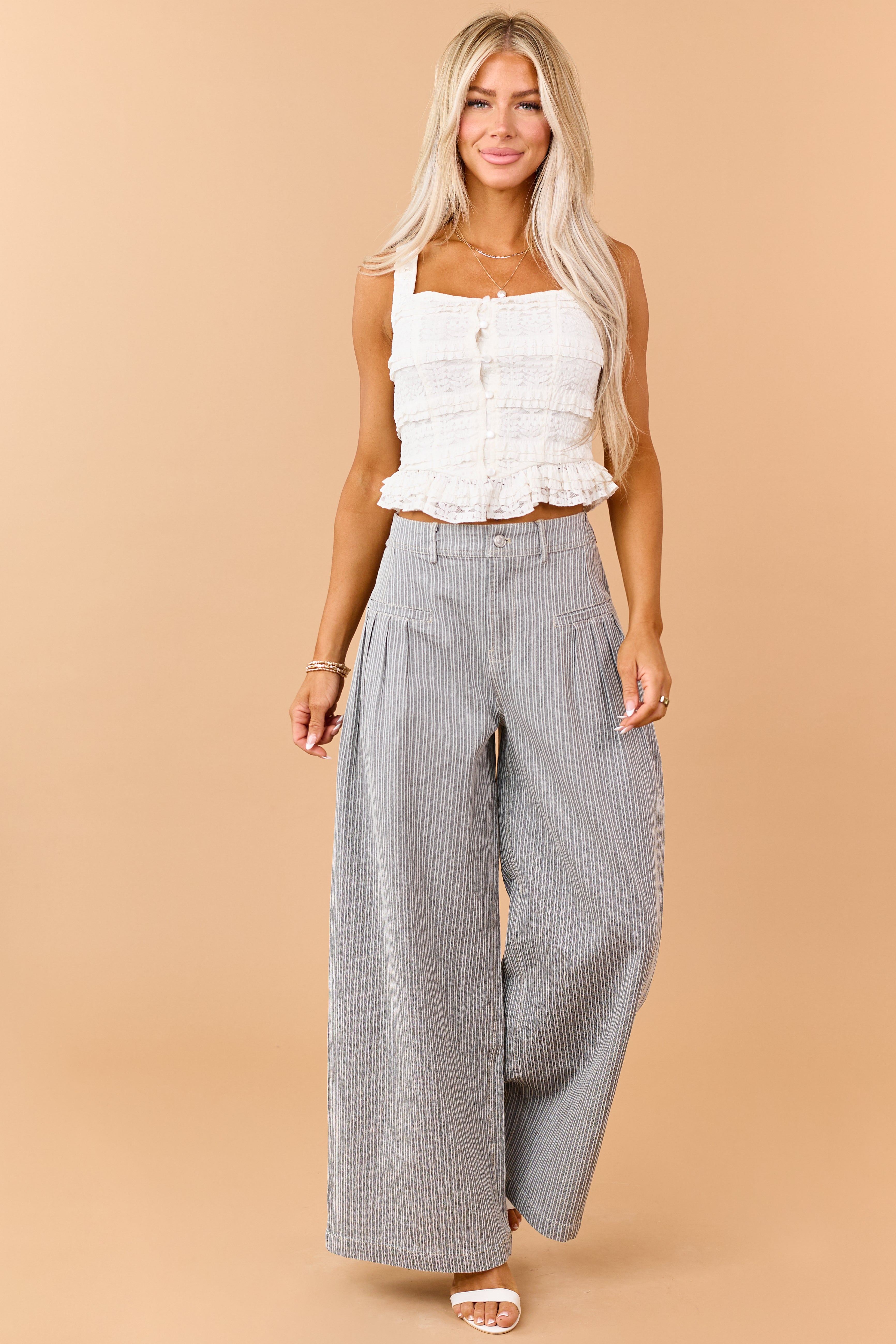 Black Striped Elastic Waistband Wide Leg Pants