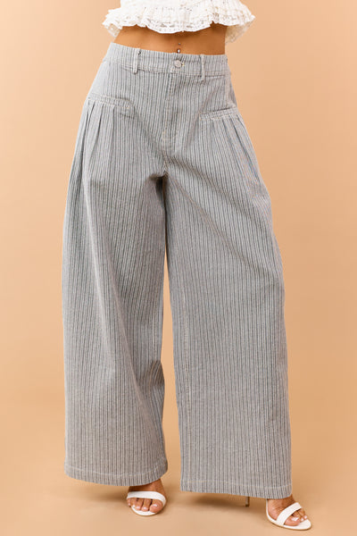 Black Striped Elastic Waistband Wide Leg Pants