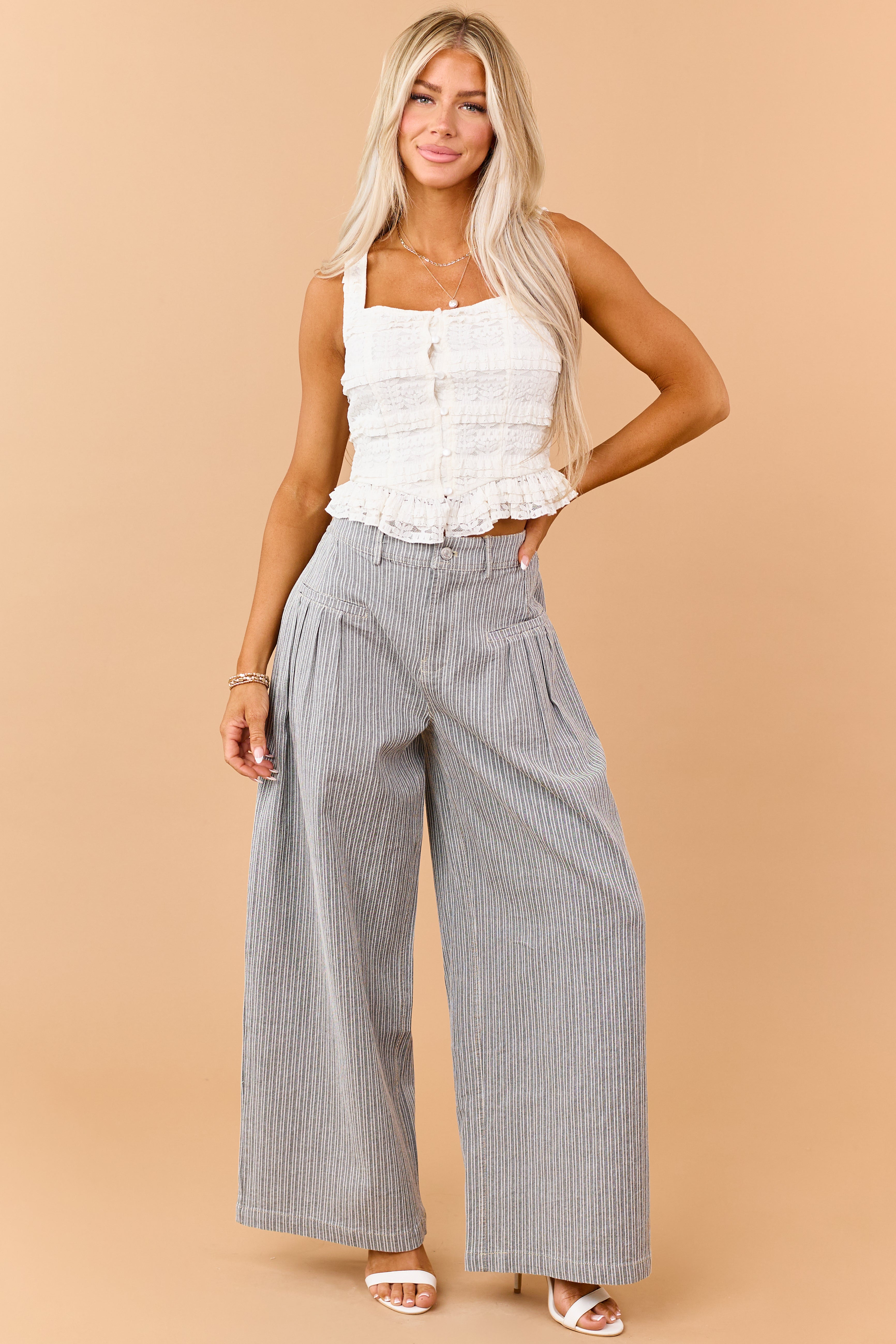 Black Striped Elastic Waistband Wide Leg Pants