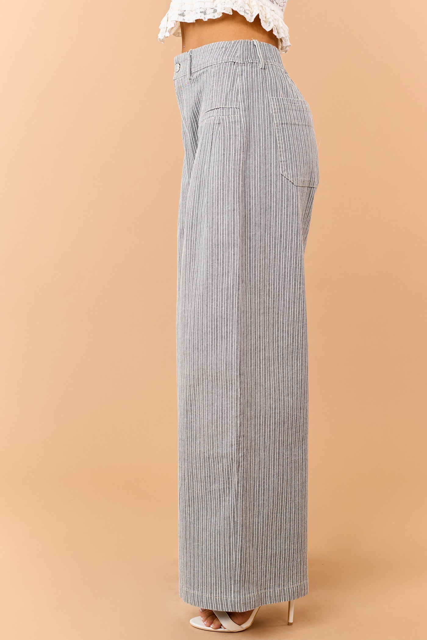 Black Striped Elastic Waistband Wide Leg Pants