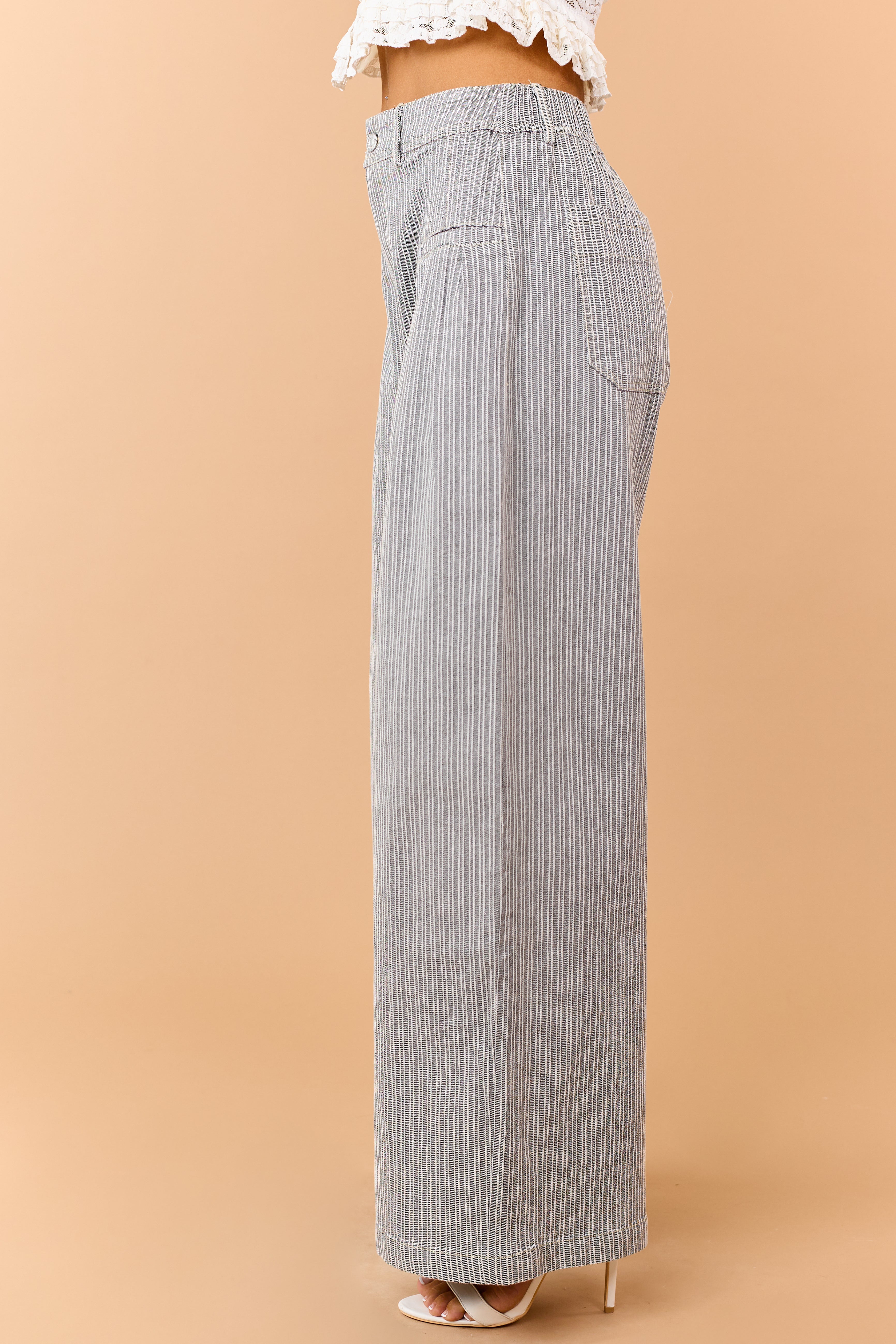 Black Striped Elastic Waistband Wide Leg Pants