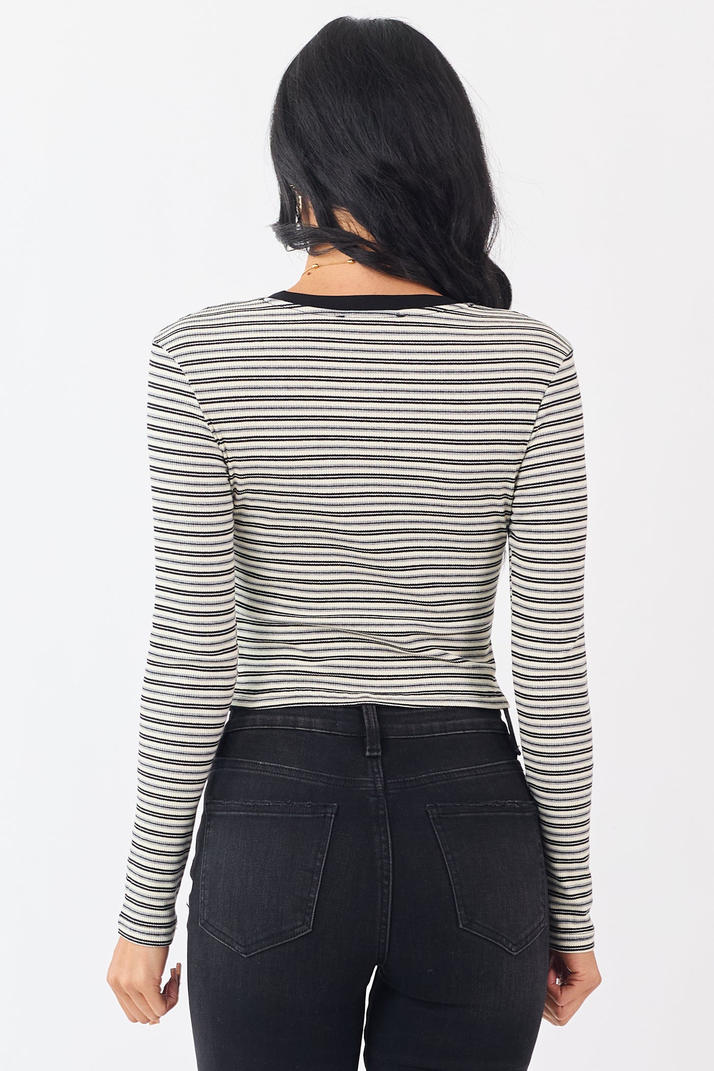 Black Striped Long Sleeve Ribbed Knit Crop Top