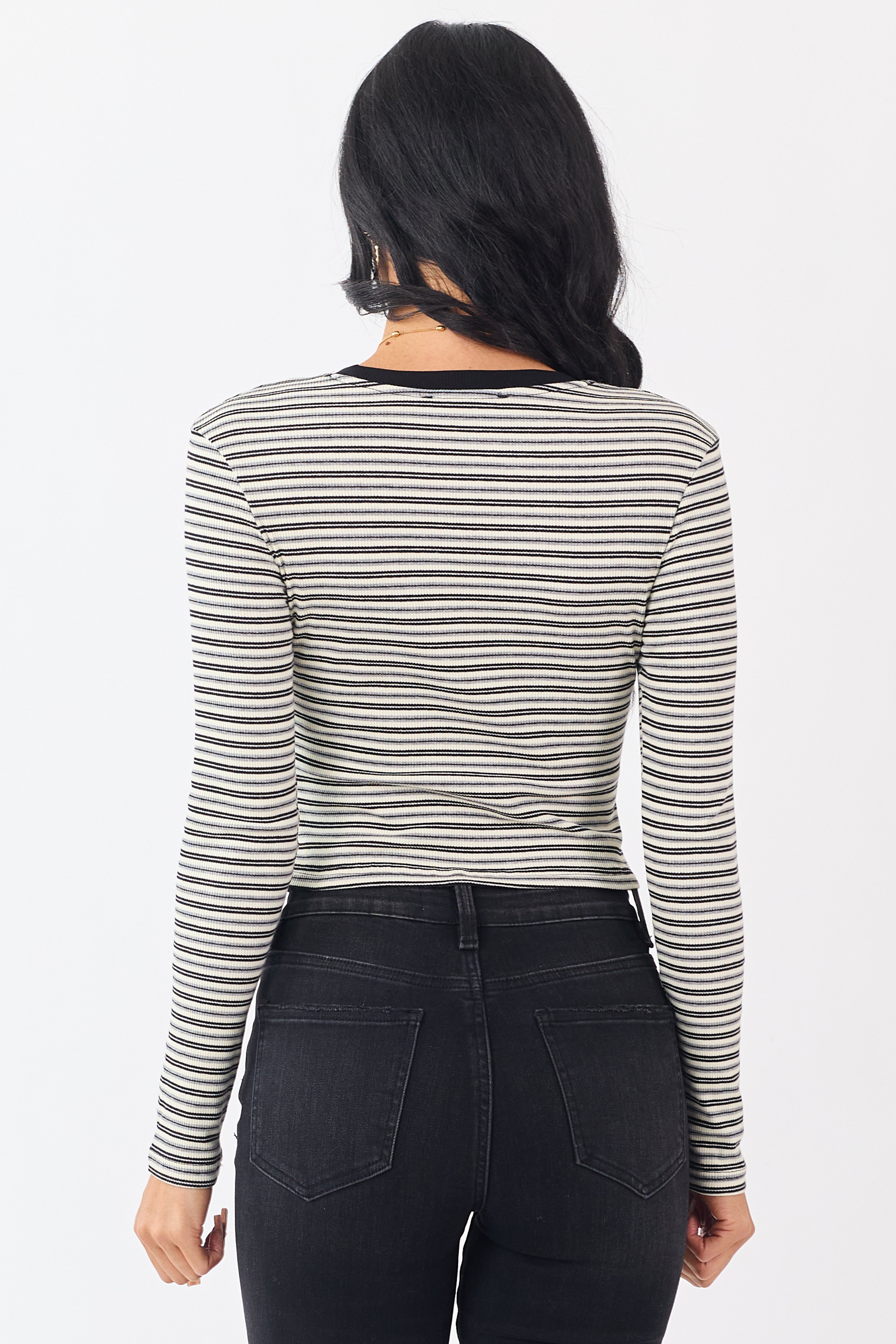 Black Striped Long Sleeve Ribbed Knit Crop Top