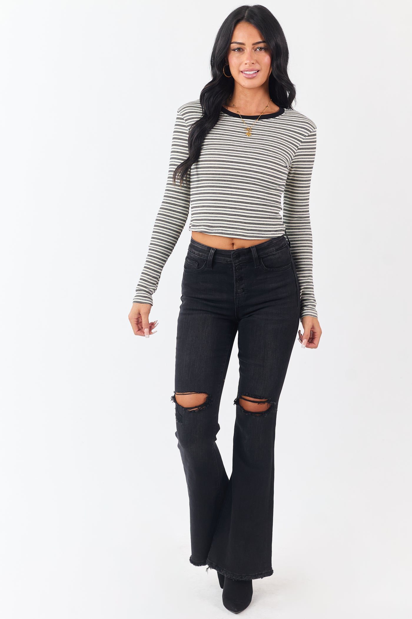 Black Striped Long Sleeve Ribbed Knit Crop Top