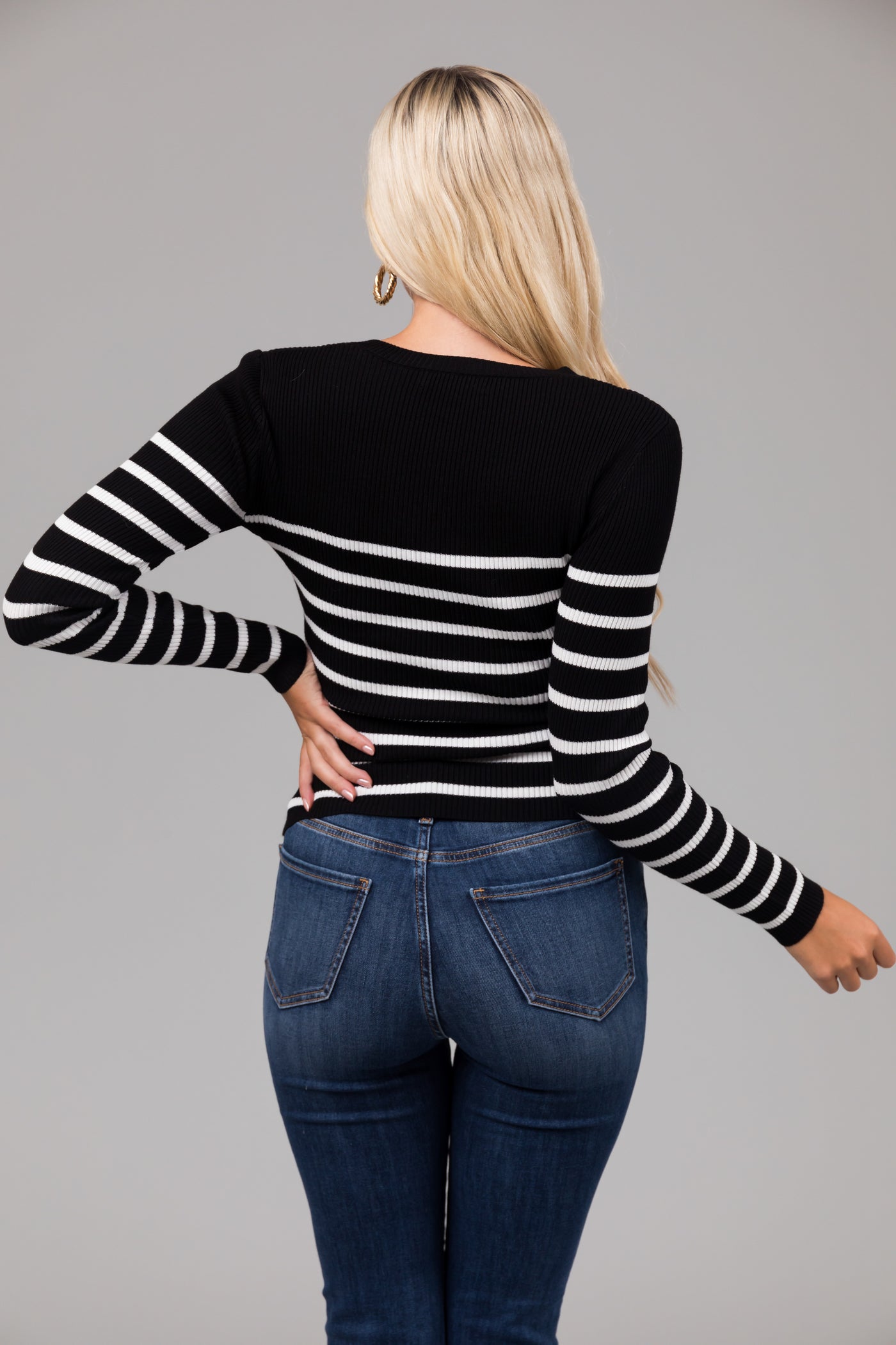 Black Striped Long Sleeve Ribbed Knit Top