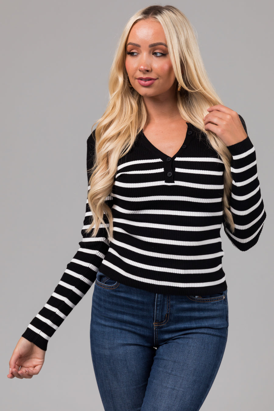 Black Striped Long Sleeve Ribbed Knit Top