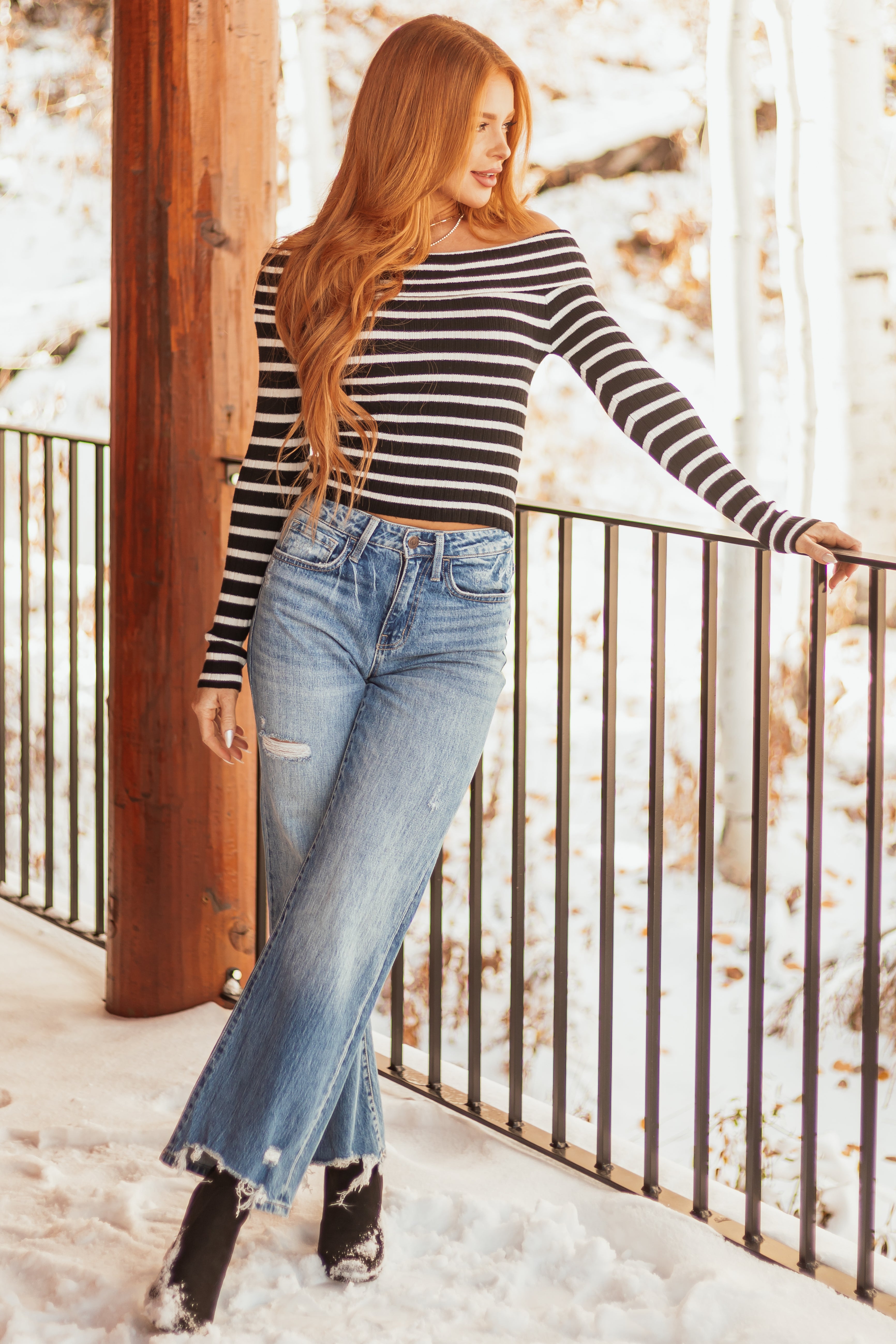 Black Striped Print Fitted Off Shoulder Knit Top | Lime Lush Boutique