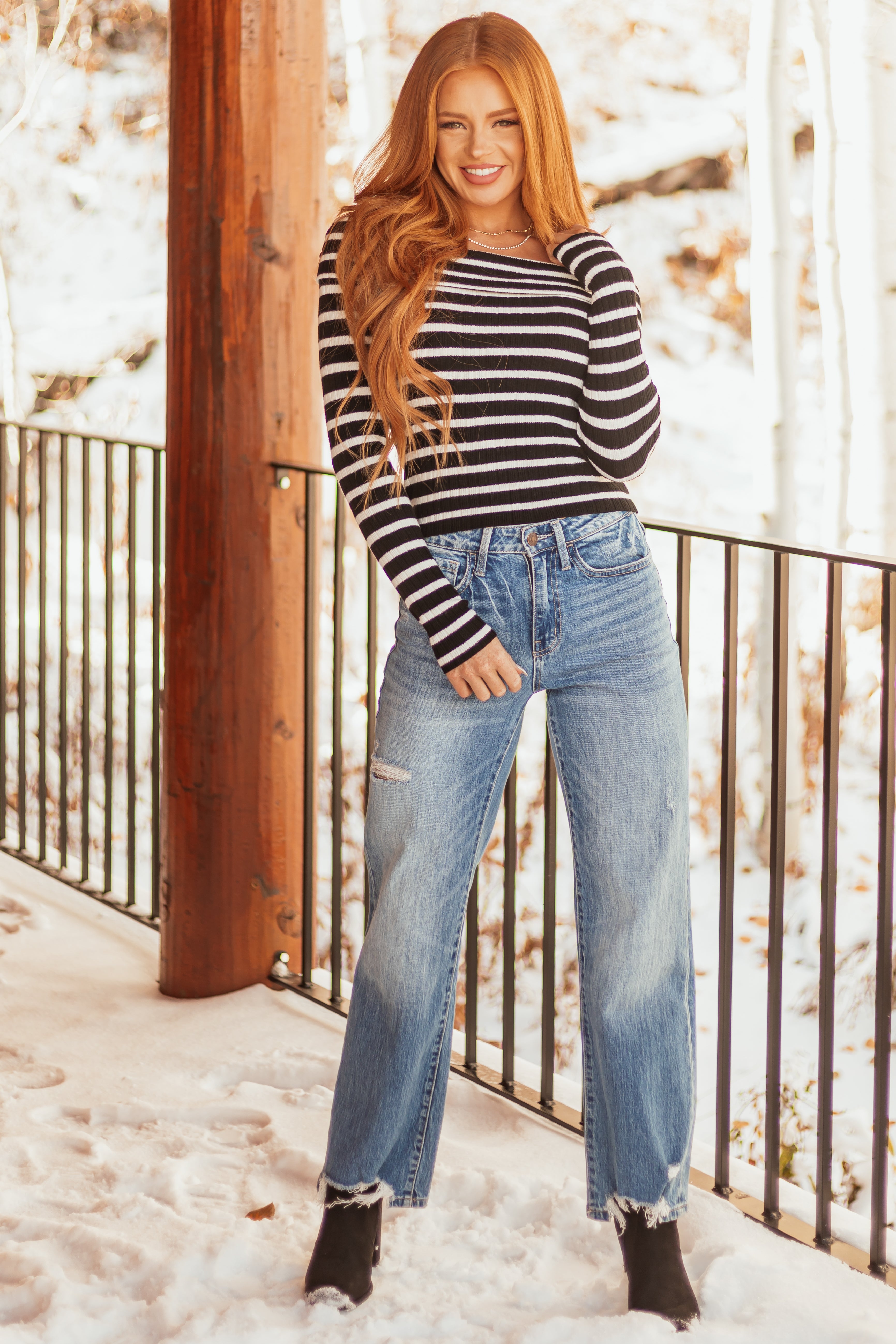 Black Striped Print Fitted Off Shoulder Knit Top | Lime Lush Boutique