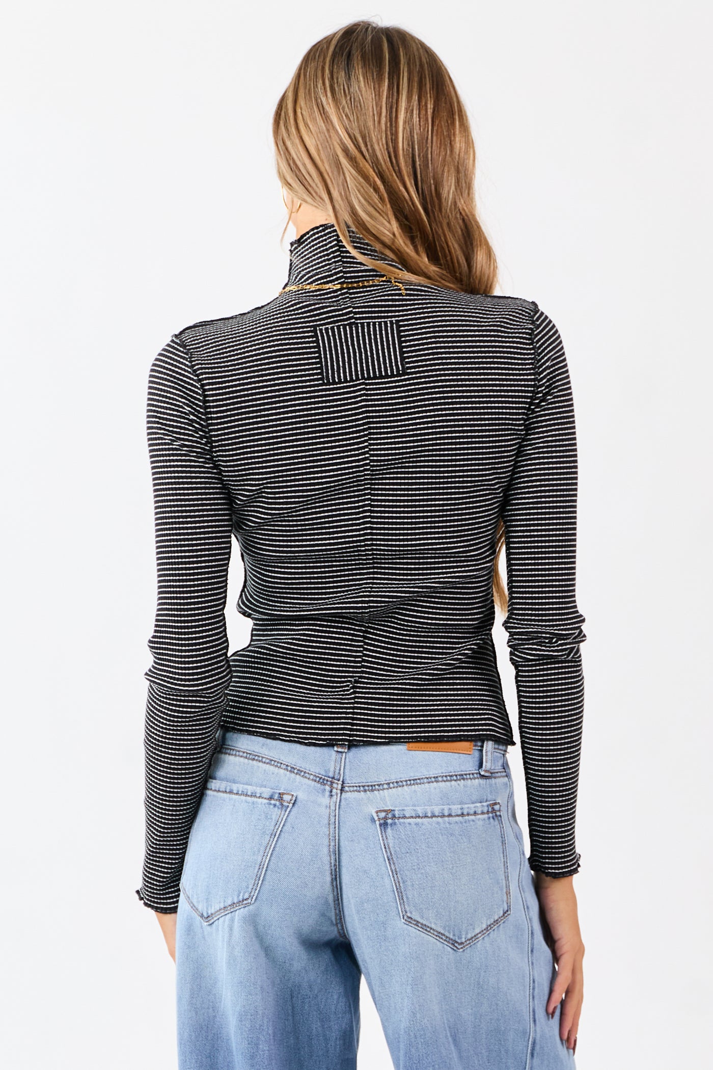 Black Striped Ribbed Knit Long Sleeve Mock Neck Top