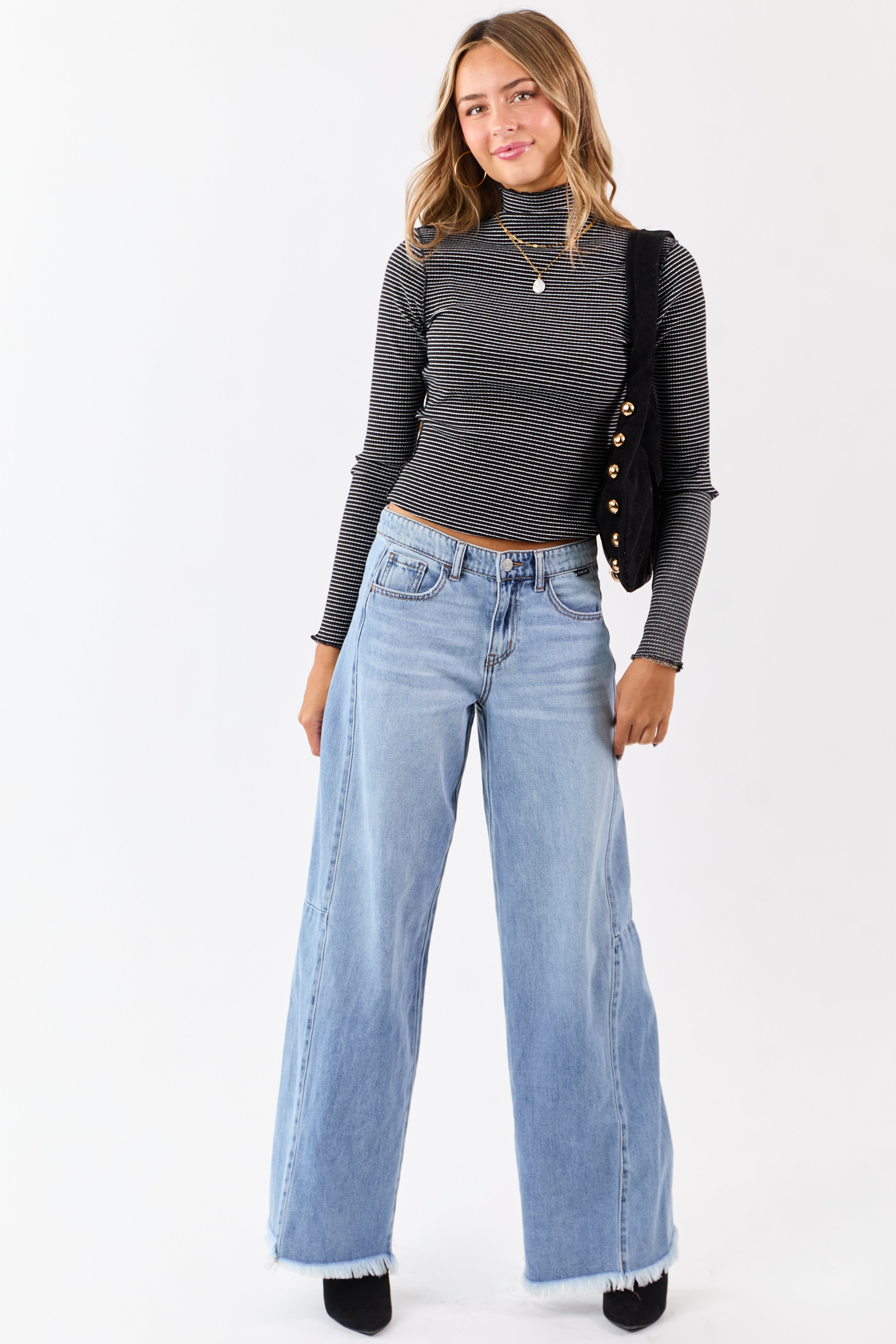 Black Striped Ribbed Knit Long Sleeve Mock Neck Top