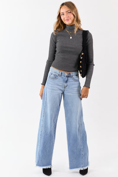 Black Striped Ribbed Knit Long Sleeve Mock Neck Top