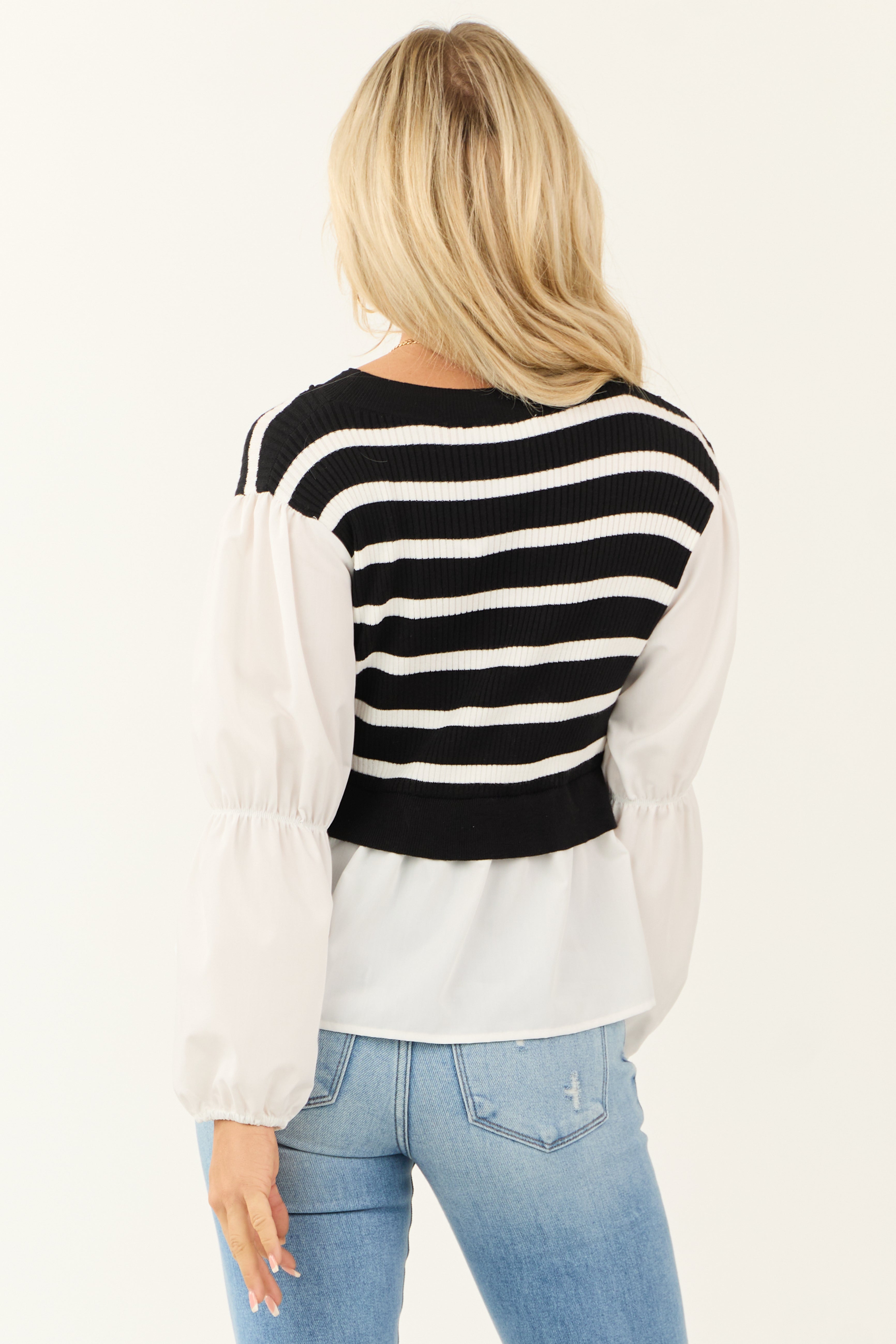 Black Striped Sweater Vest with Long Sleeve Top