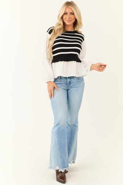Black Striped Sweater Vest with Long Sleeve Top