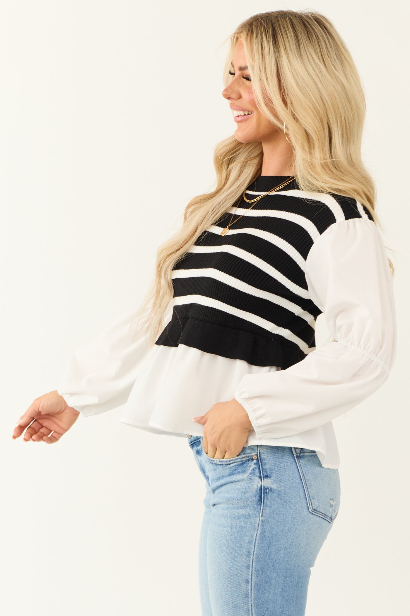 Black Striped Sweater Vest with Long Sleeve Top