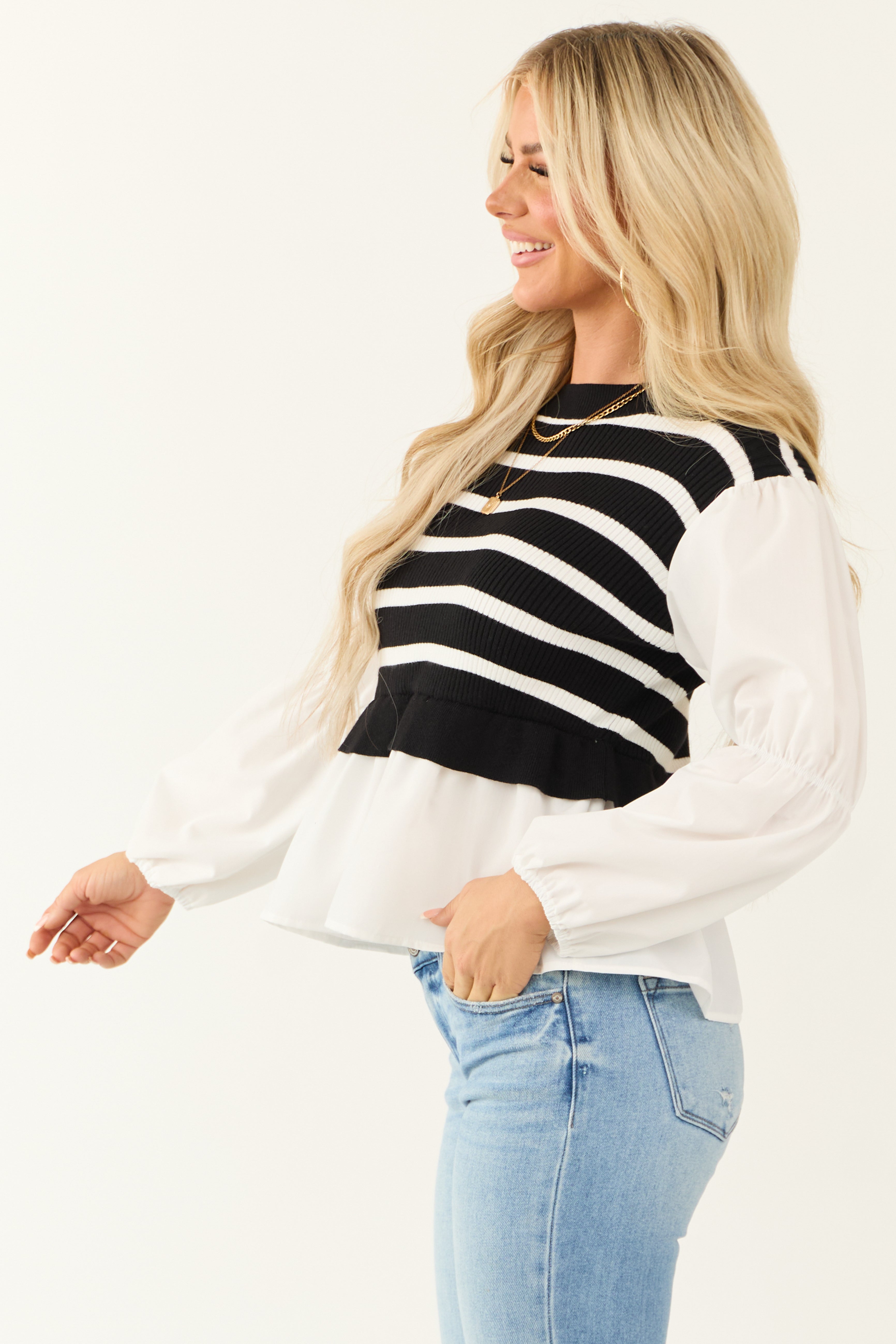 Black Striped Sweater Vest with Long Sleeve Top