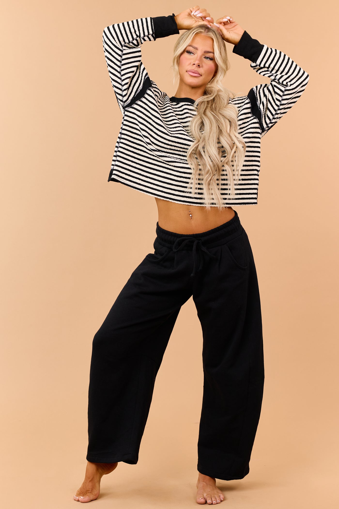 Black Striped Textured Knit Back Cut Out Top