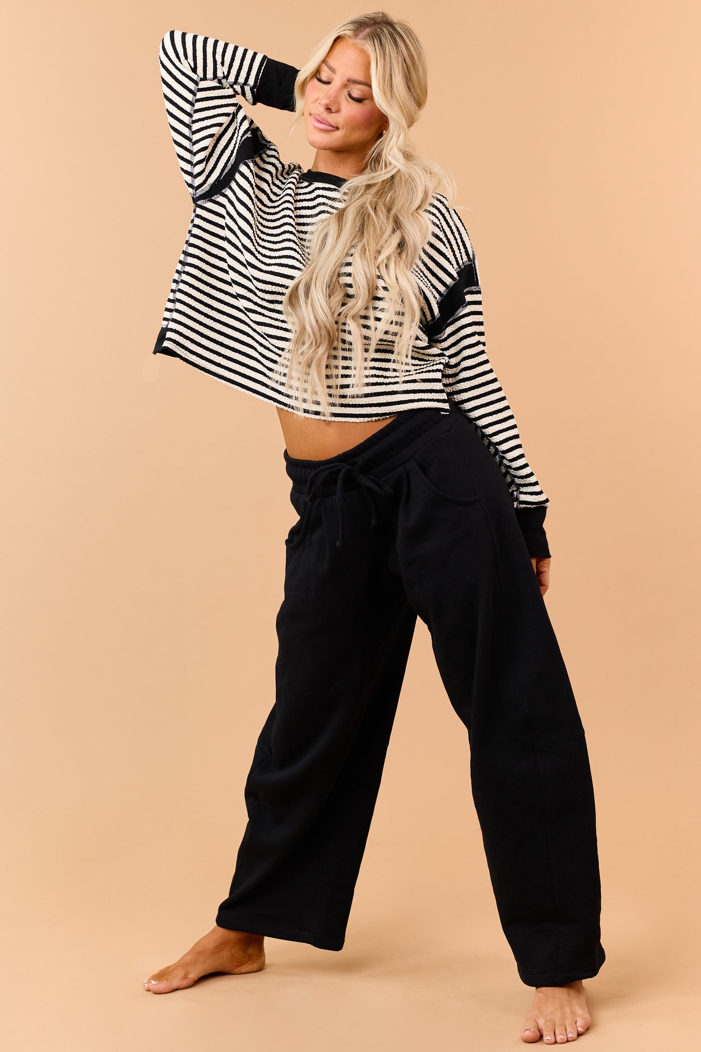Black Striped Textured Knit Back Cut Out Top