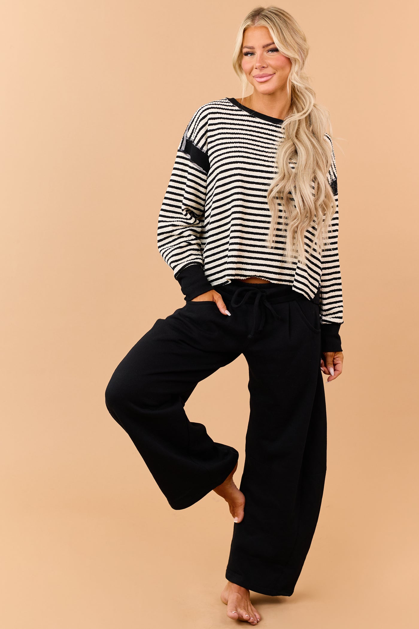 Black Striped Textured Knit Back Cut Out Top